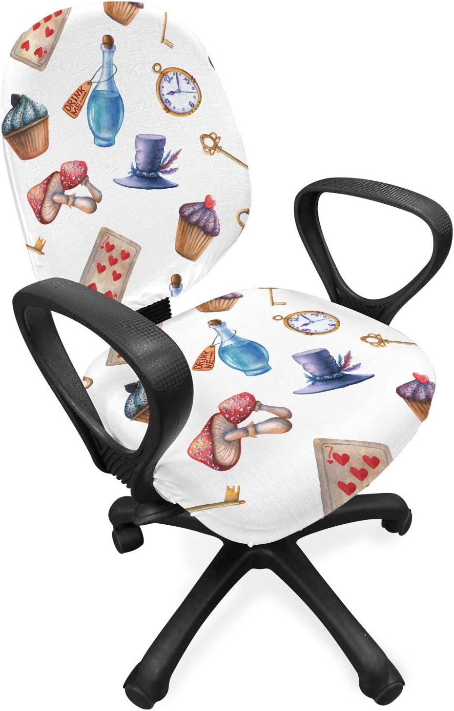 Lunarable Alice in Wonderland Office Chair Slipcover, Cupcakes Mushrooms and Bottles Hanging in Sky Dessert Print, Protective Stretch Decorative Fabric Cover, Standard Size, Blue Red