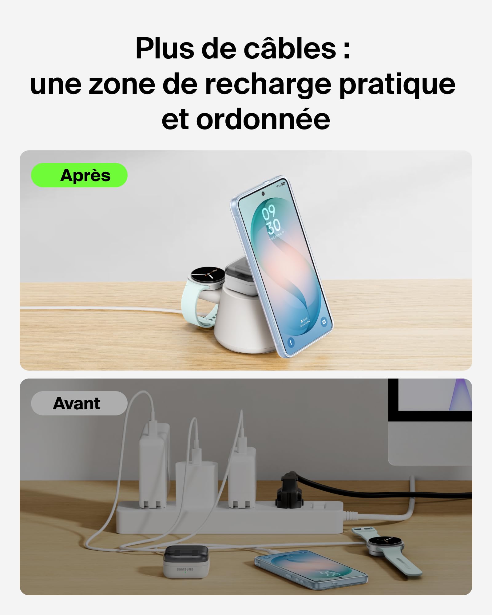 Belkin UltraCharge Station sans Fil 3-en-1 avec Qi2, 25 W - Blanc | Chargeur Magnétique Qi2.2, USB-C, Chargeur Sans Fil Pour iPhone, Galaxy, Écouteurs, Montre Connectée, Adaptateur Secteur 45 W