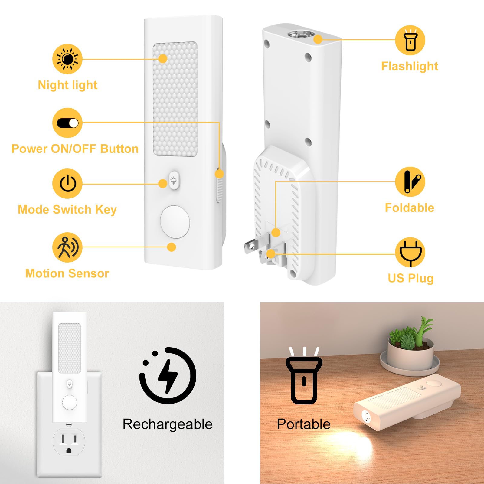 Luce notturna con sensore di movimento intelligente – 5 in 1 ricaricabile automatica, torcia elettrica di emergenza plug-in e portatile, interruzione di corrente e preparazione agli uragani per casa,