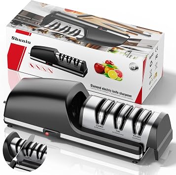 Professional Electric Knife Sharpener, 3-Stage Diamond Abrasive Sharpening System, Replaceable Sharpening Heads, 15 Precision Angle Guide for Kitchen Knives, Quick Blade Repair and Restoration