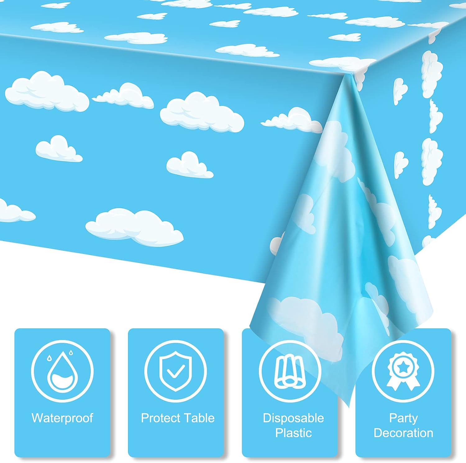 Tatuo 3 Pieces Blue Sky White Clouds Birthday Party Supplies Cartoon Story Tablecloth Party Table Cover Cartoon Table Banner for Baby Kids Shower Birthday Decorations, 54 x 108 Inch