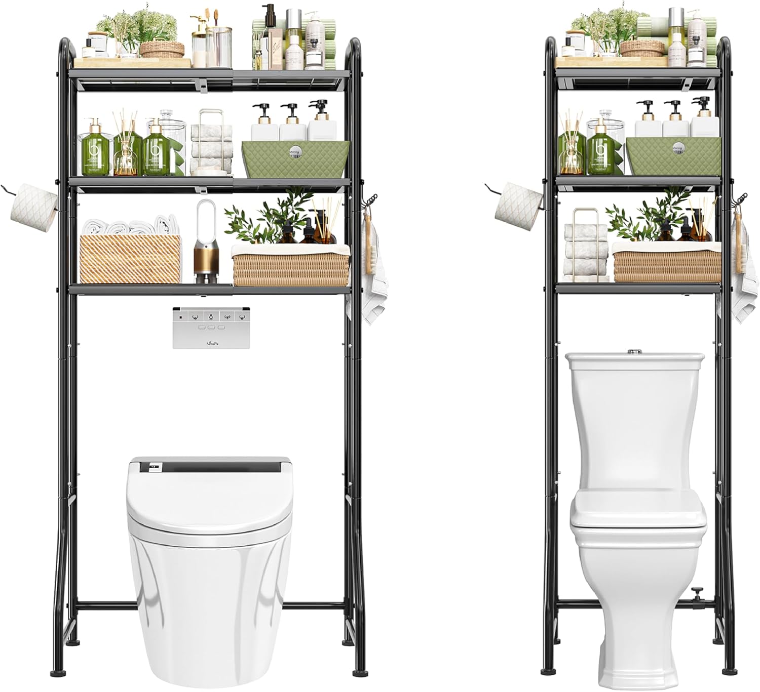 Simple Trending Expandable Over The Toilet Storage Rack, Metal 3 Tier Bathroom Organizer Shelf with Paper Holder and 3 Hooks, Black