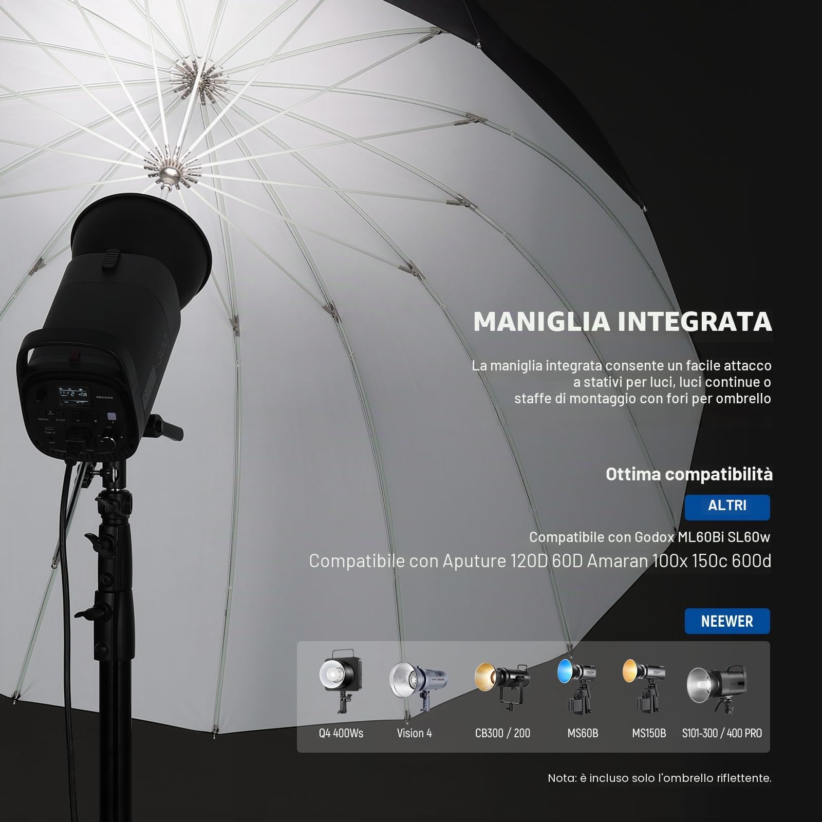 NEEWER 180cm Ombrello Parabolico Riflettente per Fotografia con Interno Bianco, Illuminazione Soffusa con Diffusore, Borsa, Piega Rapida per Riprese Studio Fotografico Luce Video Monoluce Flash, NS4U