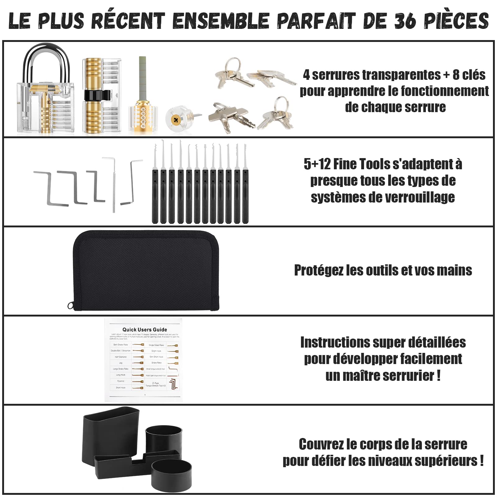 Diyife Kit de Crochetage Bleu Serrure 37 Pièces - 4 Serrure Transparente, Lock Picking Kit Outils de D’entraînement, Lockpicking Poignée en Silicone Confortable - Noir