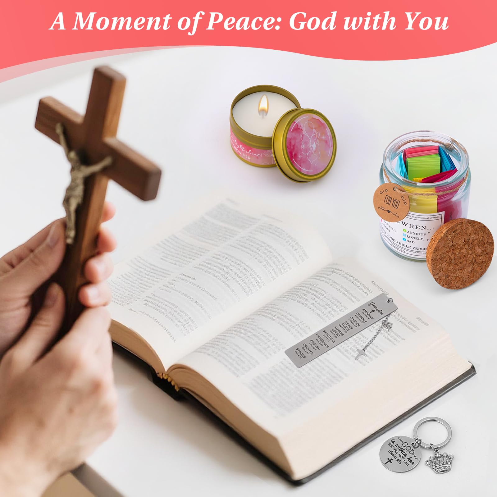 Christian Gifts for Women Religious Catholic Inspirational Gifts for Women Birthday 9PCS Baptism Spiritual Faith Gift Set Include Bible Verse Jar Christian Bookmark Keychain Tote Bag Necklace Mugs