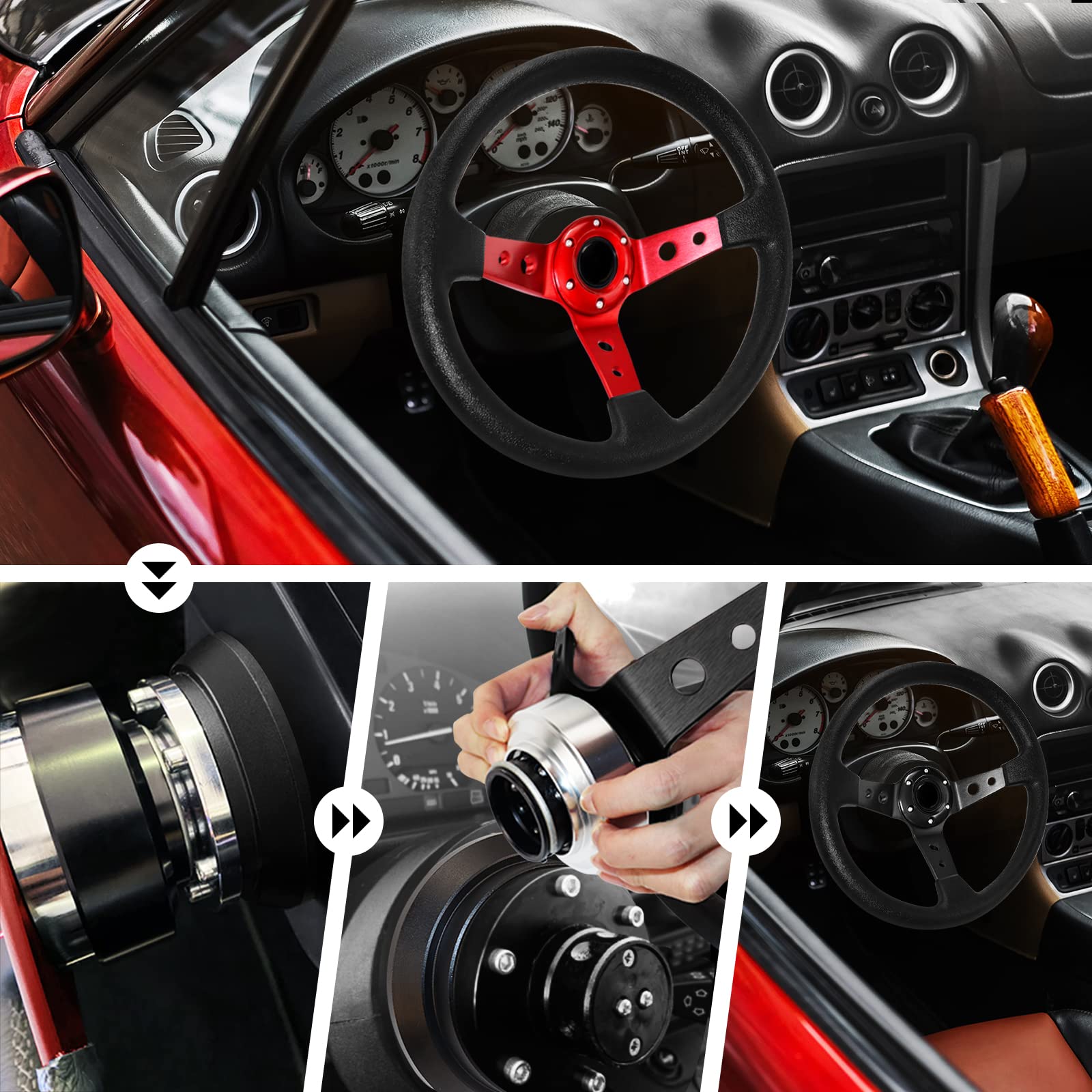 Volante de liberación rápida, kit universal de 6 agujeros Snap Off Boss para carreras/rally/deportes de motor (negro)