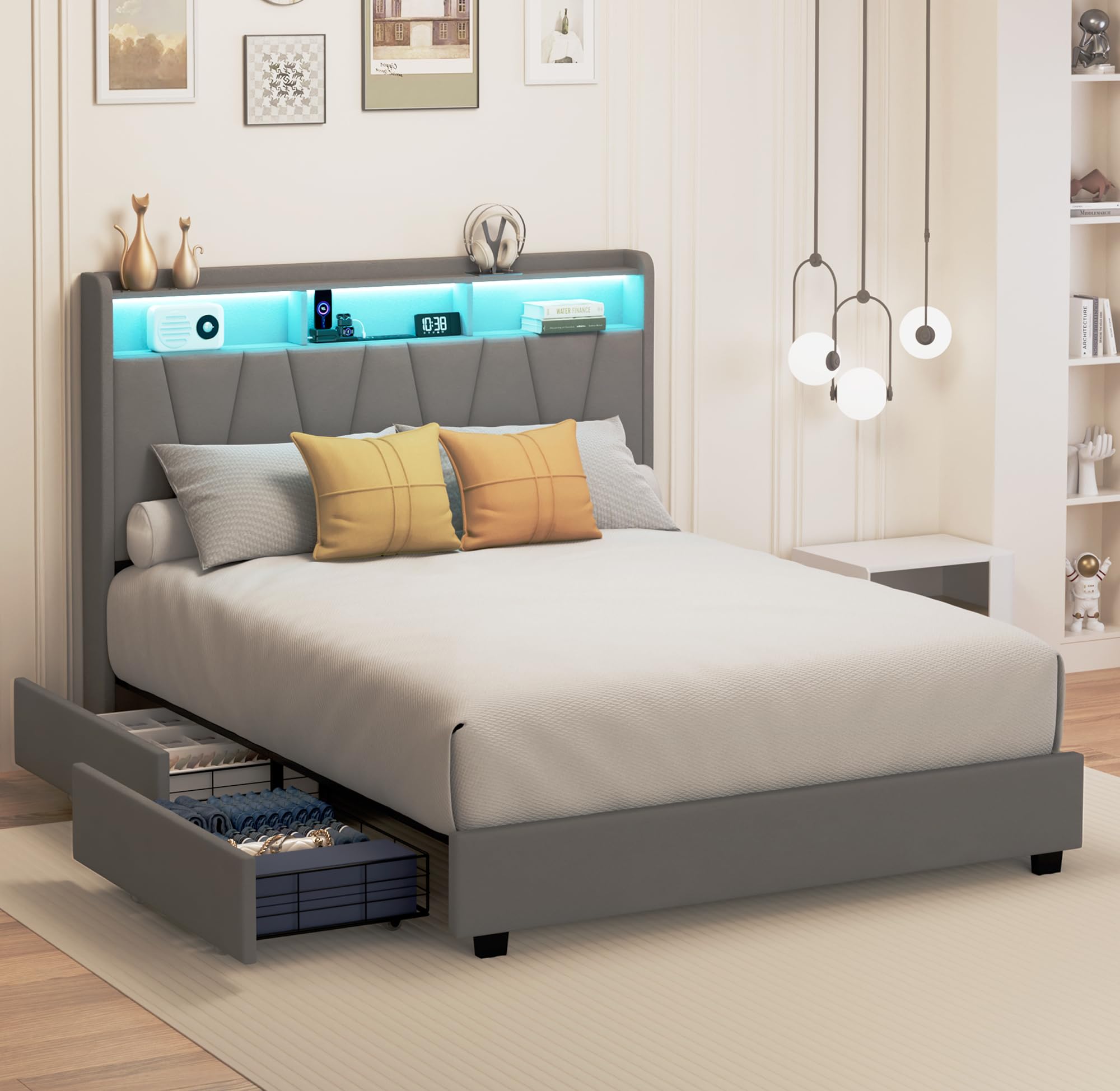 Queen Velvet Upholstered LED Platform Bed with Storage & Charging, Grey