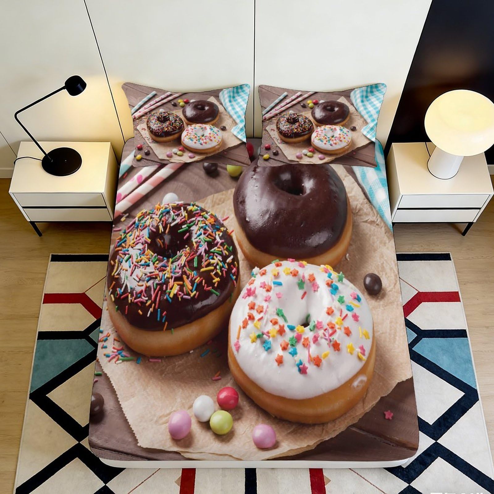 3D Printed Donut Dessert Fitted Sheet Microfiber Colourful Sprinkle Chocolate Bed Cover for Bedroom Guest Dorm Mattress Decor 90x200x25cm