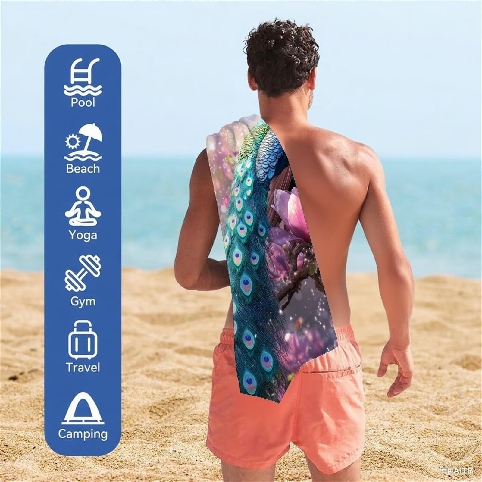 Toalla Microfibra Grande 90x180cm Toalla Playa Pavo Real Toallas de Playa Secado Rapido, Toallas Bano con Bolsa, Beach Towel Animal Antiarena Ligeras para Piscina Viaje Yoga Gimnasio Deportes VQ-828