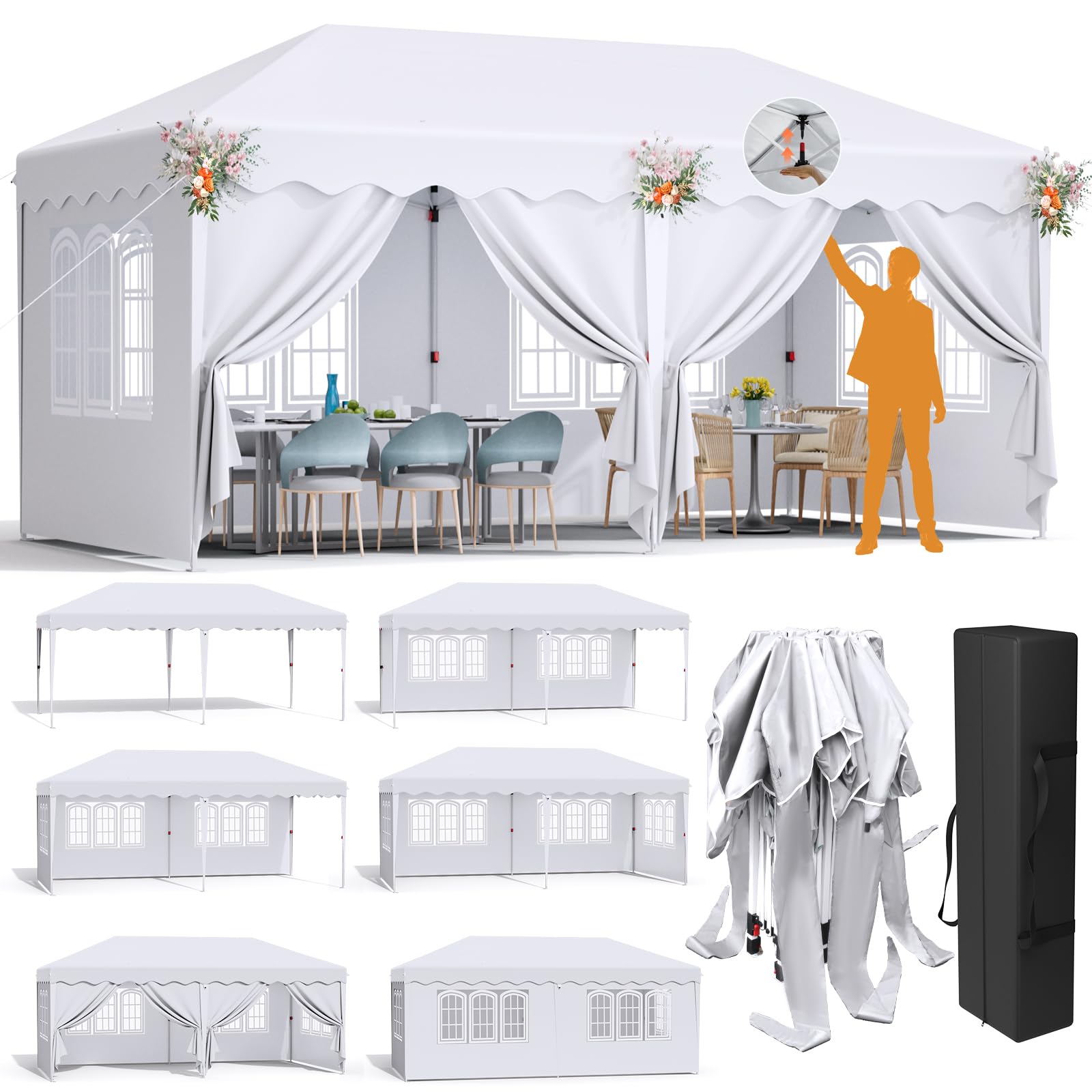 Carpa Plegable Pop-up 3x6M,Gazebo 3x6 con un Solo Empuje, Impermeable Pabellón de jardín con 6 Paneles Laterales, Tienda de campaña para Fiestas al Aire Libre, para Festival/Camping/Mercado, Blanco