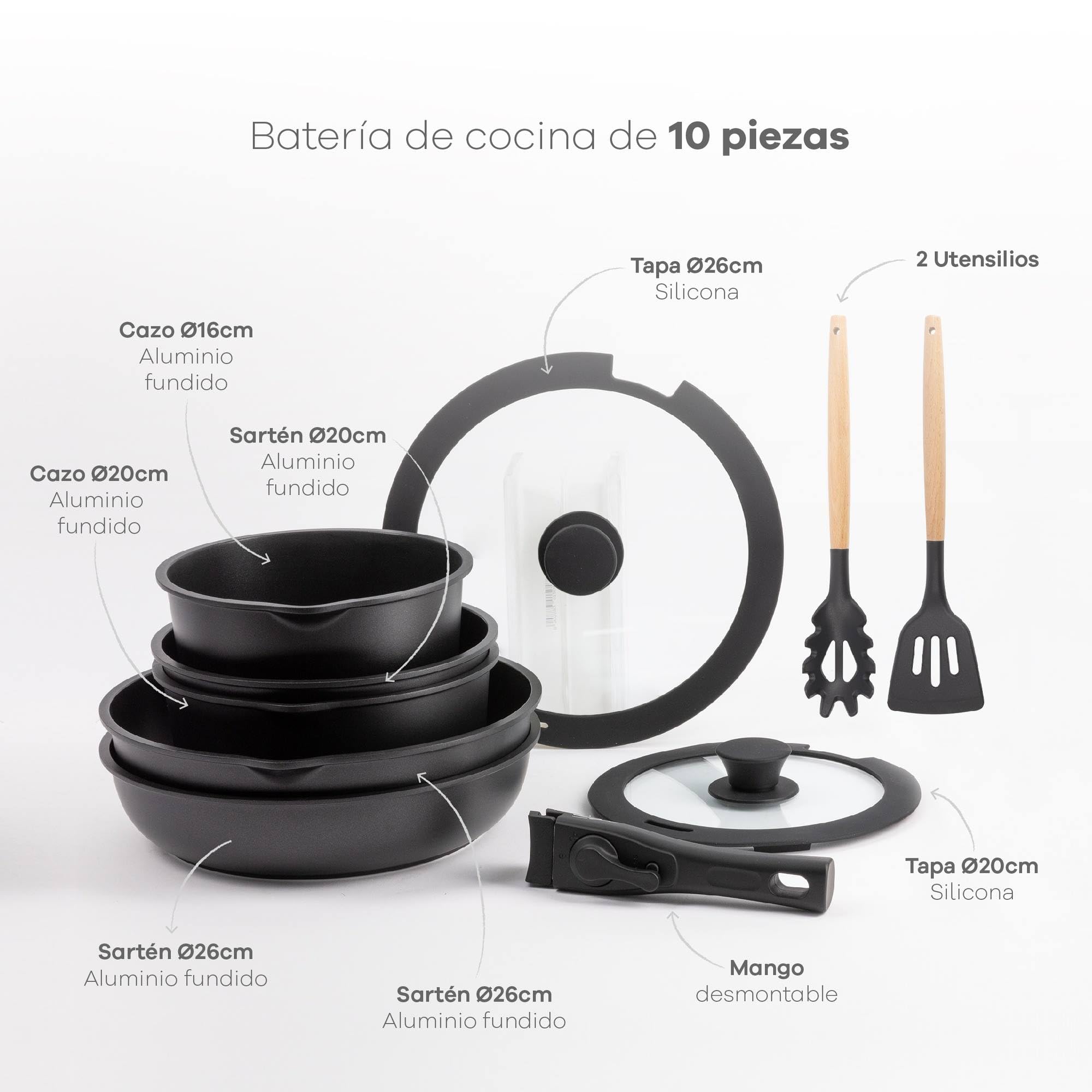 Bergner | Batería de cocina 10 Piezas | Mango extraíble, 3 Sartenes, 2 Cazos, Tapas y Utensilios + REGALO 3 Cazos Ø16Ø18Ø20cm + asa extraíble + REGALO 2 Sartenes Ø22 Ø26cm + asidero extraíble