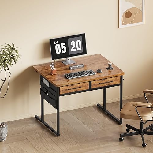 Vista 9 de Small Desk with Drawers, 31.5X15.8-22.9 Inches Office Computer Desk with Side Pocket & Ergonomic Monitor Stand, Writing Table for Small Spaces