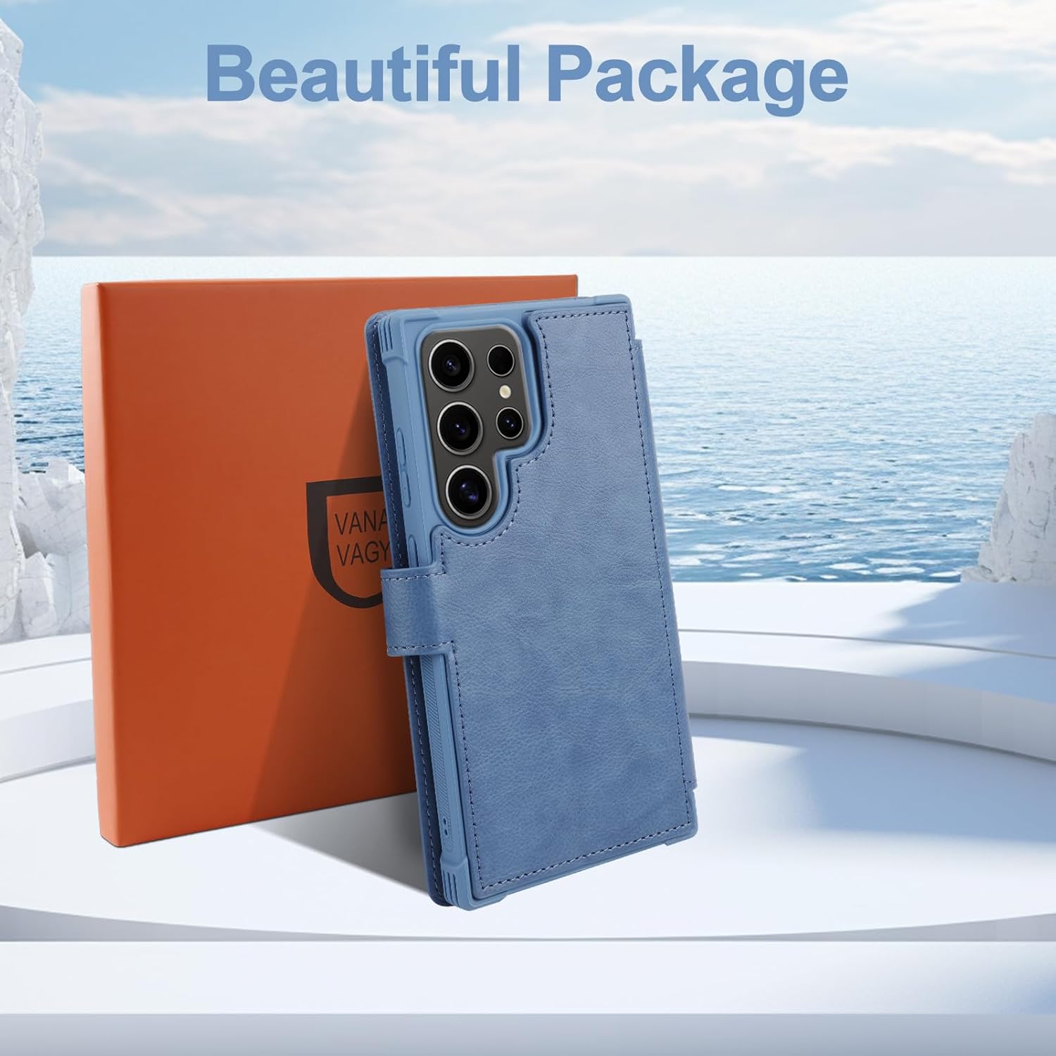 VANAVAGY Compatible for Galaxy S24 Ultra Wallet Case with RFID Blocking Card Holder, [Screen Protector & Camera Lens Cover] PU Leather Cover with Wrist Strap Wireless Charging Case for S24 Ultra, Blue