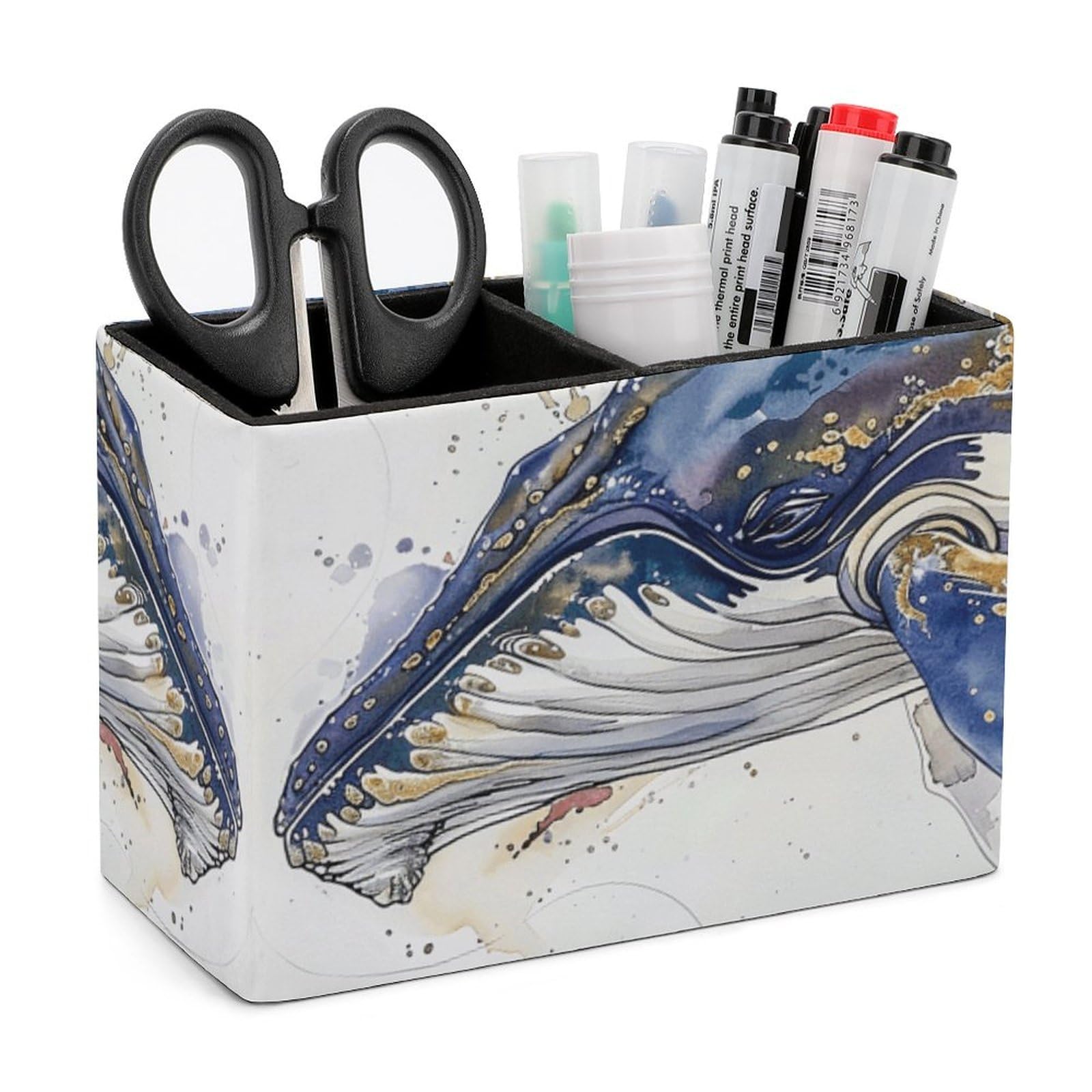 NONHAI Lether Pen Holder for Desk, A Picture of A Whale Pencil Holder Organizers for Desktop, Pencil Cup Stationery Organizer for Office Desk Accessory, Square Makeup Brush Srotage Box Pencil Caddy