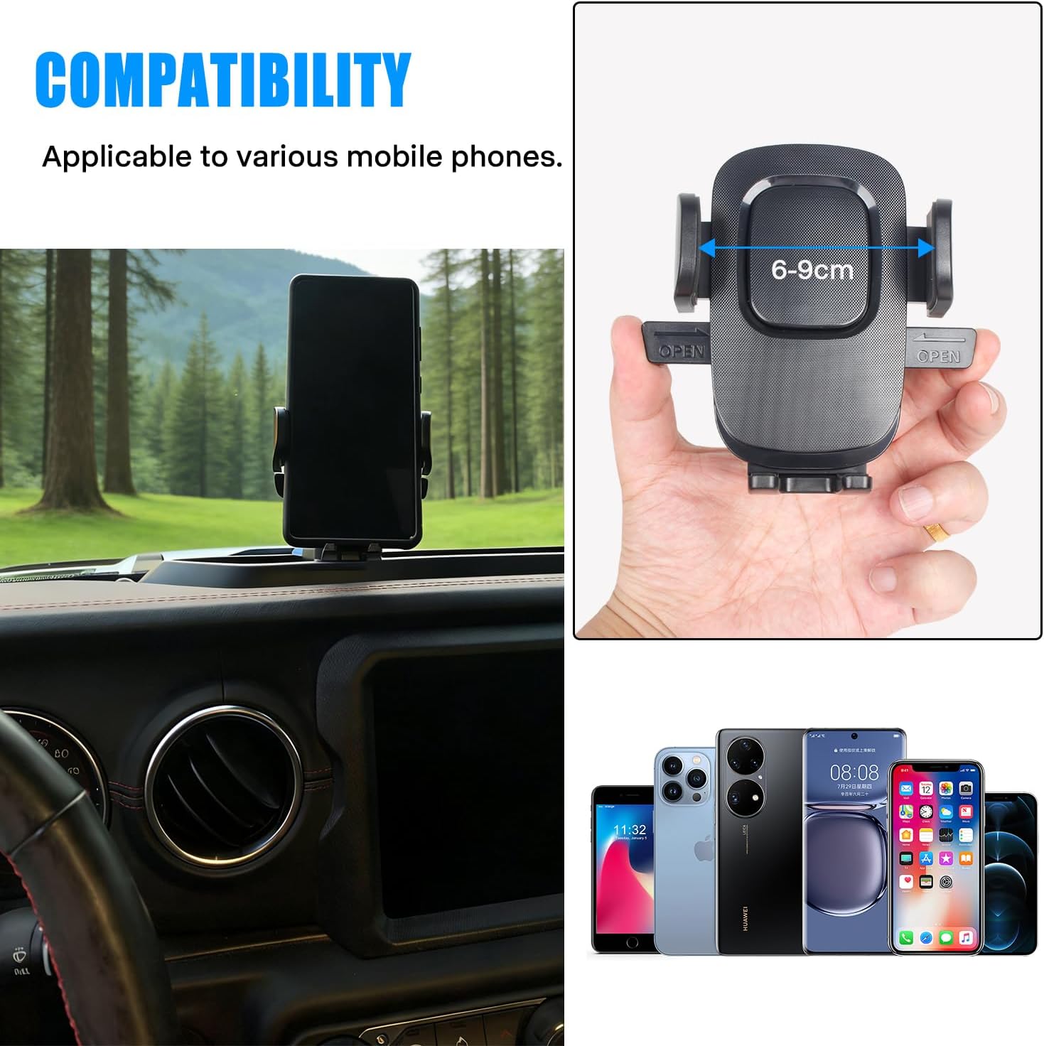 Phone Holder with Storage Tray Compatible with Jeep Wrangler JL 2018-2024 JLU & Gladiator 2020+, Dashboard Phone Mount Accessories
