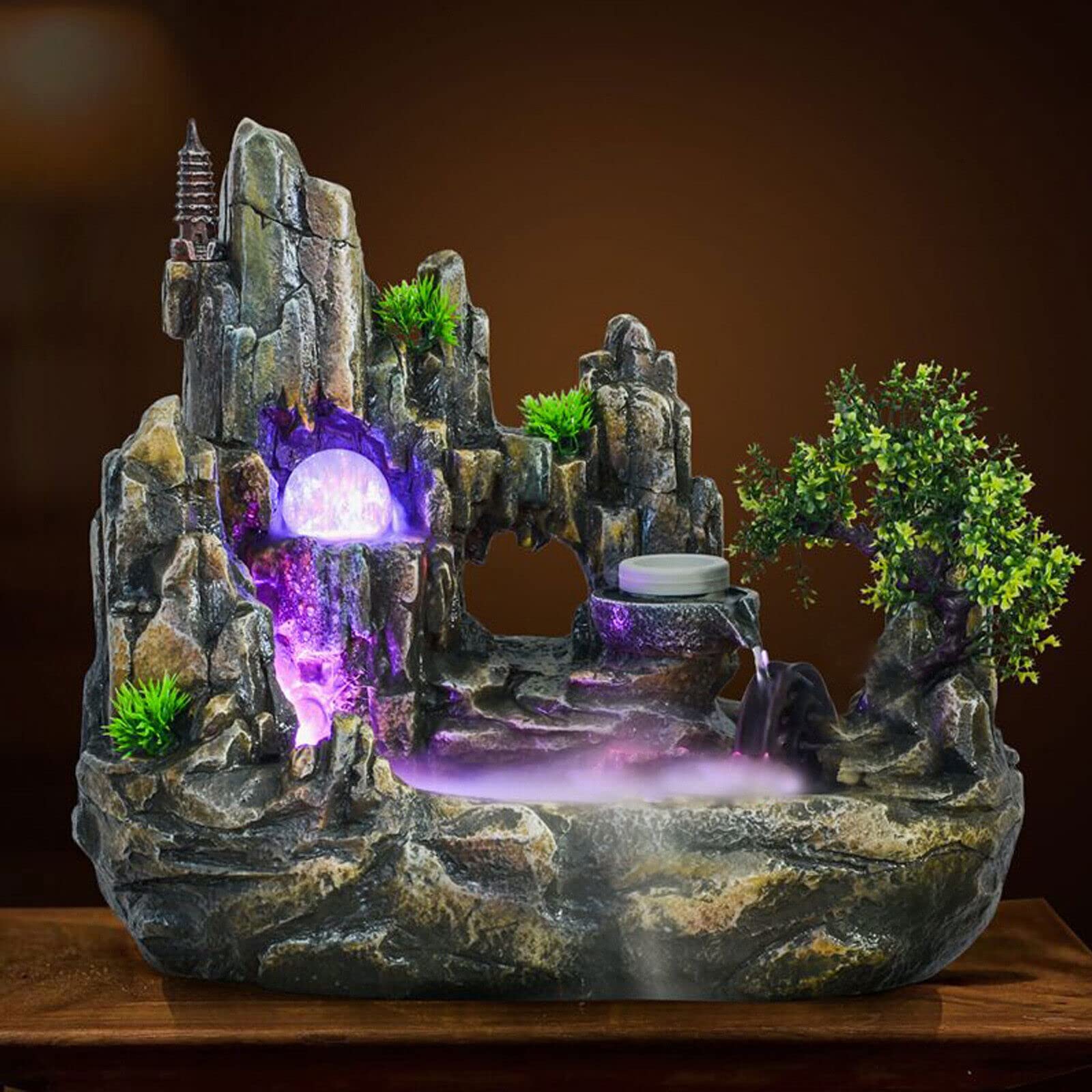 Fontaine intérieur LED éclairage avec plante verte - Fontaine de table avec brouillard - Cascade d'intérieur