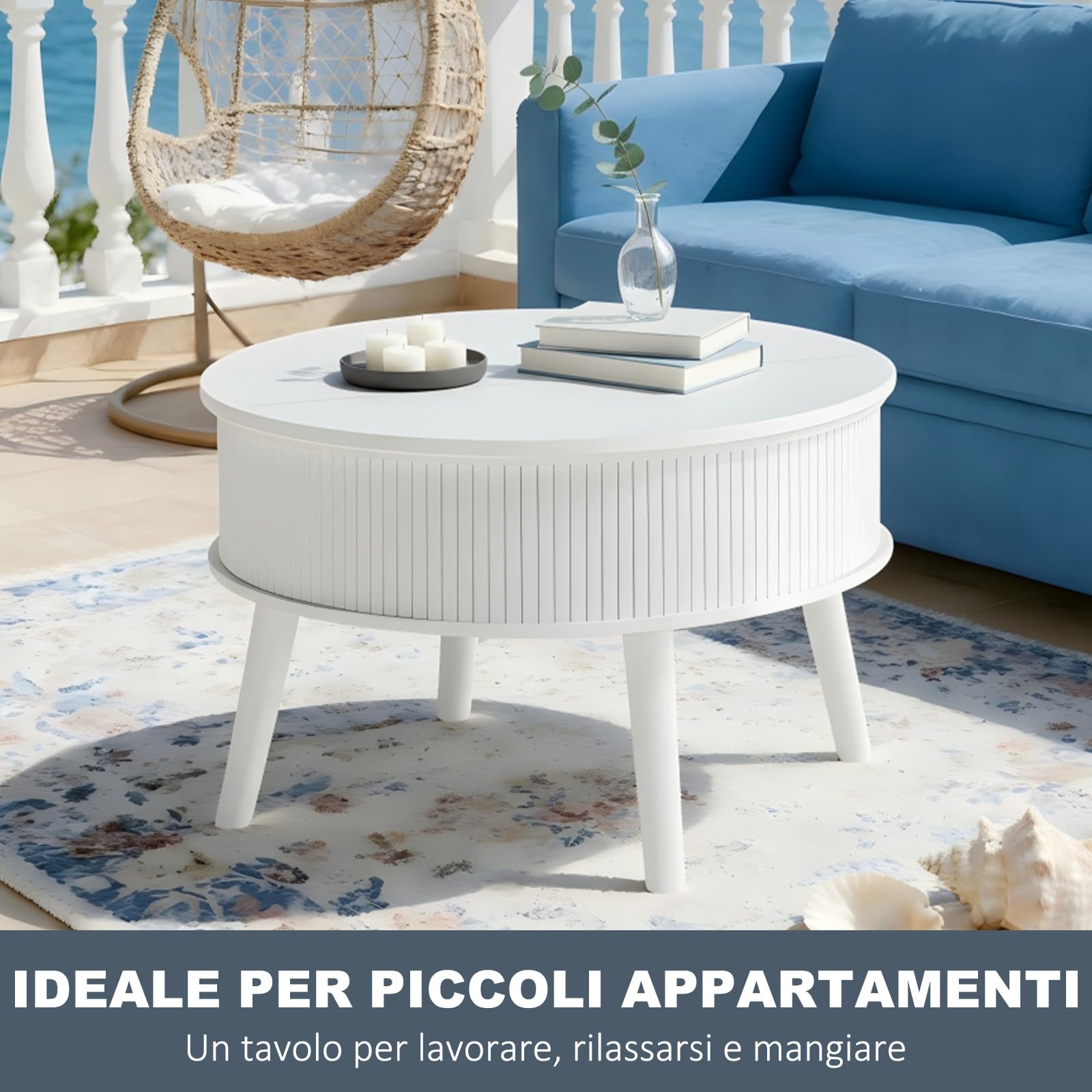 Mesa de Centro Redonda, Mesa Centro Salon con espacio de almacenamiento,Mesa de Café de estar en estilo moderno, con cajones, estanterías dobles y altura ajustable, Extensible y plegable,Color Blanco