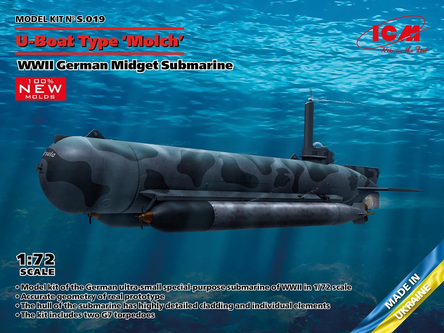 ICM S.019 - U-Boat Type 'Molch', WWII German Midget Submarine (100% New molds) - Scale 1:72
