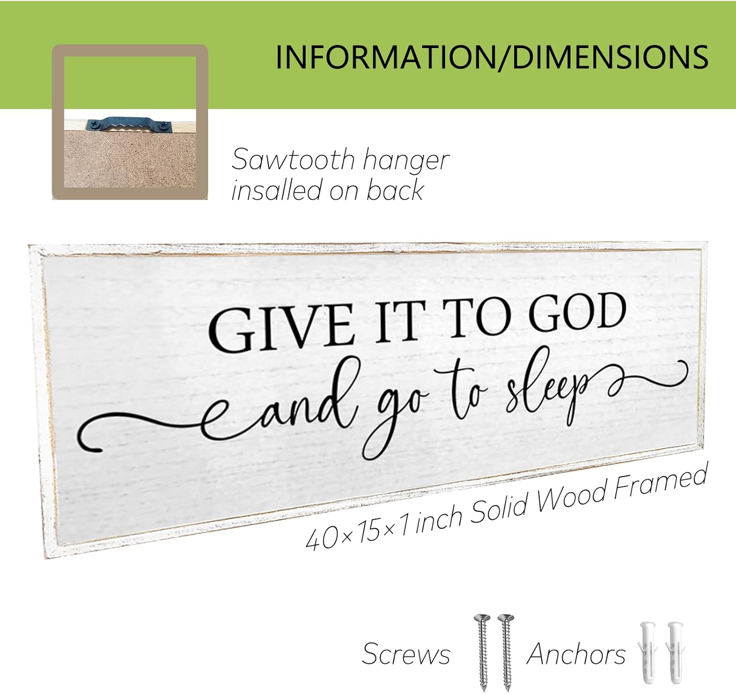 Give It To God And Go To Sleep Wall Decor Sign 40"X15" Master Bedroom Above Bed Wood Framed Large Farmhouse Rustic Over Bed Wall Art Hanging Decoration (White)