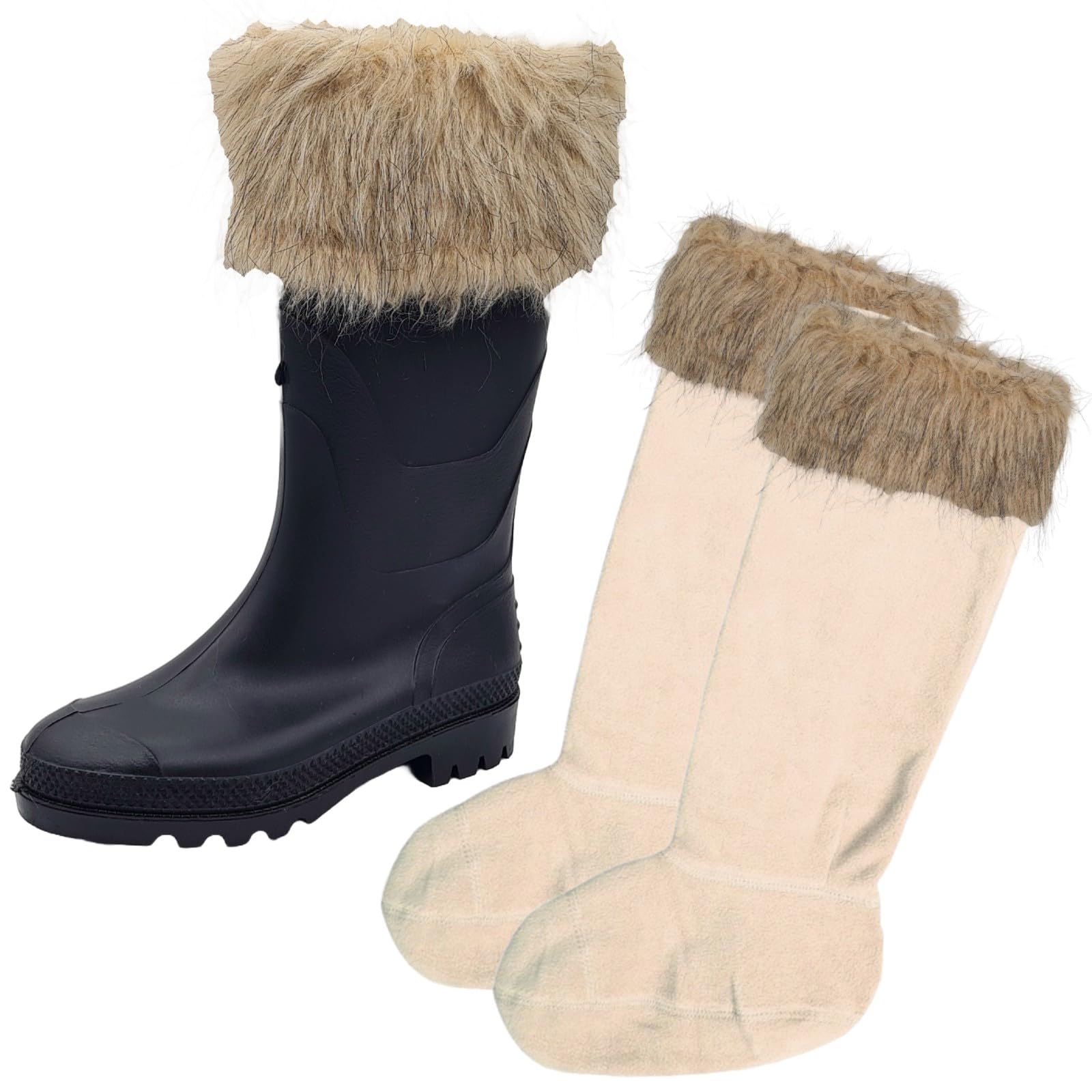 Sock-Tec Women's Beige Fleece Wellie Socks Faux Fur Cuff Tops Adult Girls Welly Wellington Boot Thermal Liners Warm Outdoor Sock One Size 3-5 (Uk, Numeric, 3, 5, Regular, Regular, )