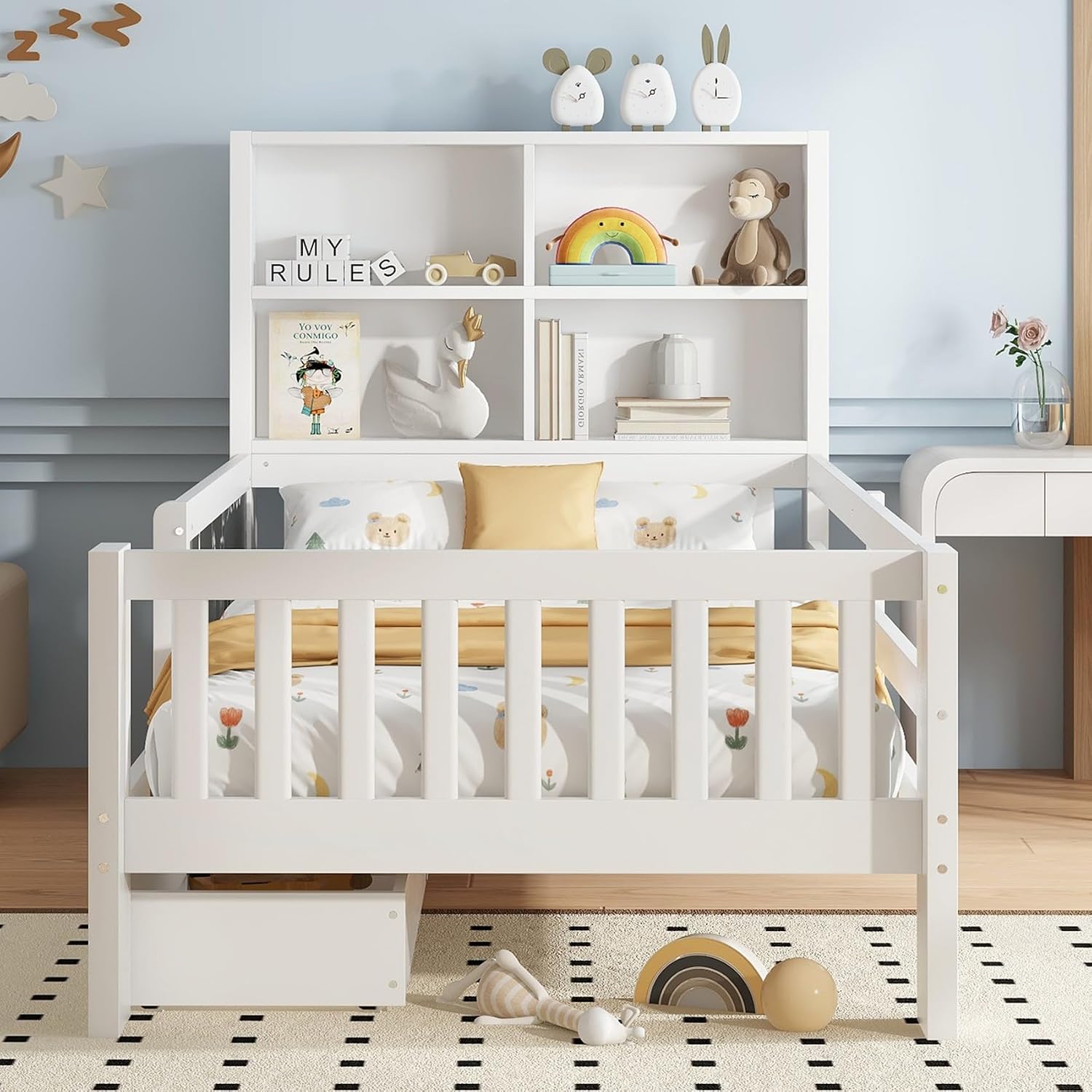KEIKI Solid Wood Kids Twin Size Bed Frames with Chalkboard, Storage Drawers, Shelves Headboard & Guardrails, Pine Wood Captain Daybed Platform for Small Room, Bedroom, Guest Room, Kids' Room, White