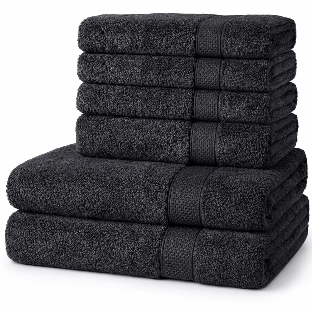 Komfortec Set di 6 asciugamani in 100% cotone, 2 asciugamani da bagno 70 x 140 cm e 4 asciugamani da 50 x 100 cm, in spugna, morbido, nero