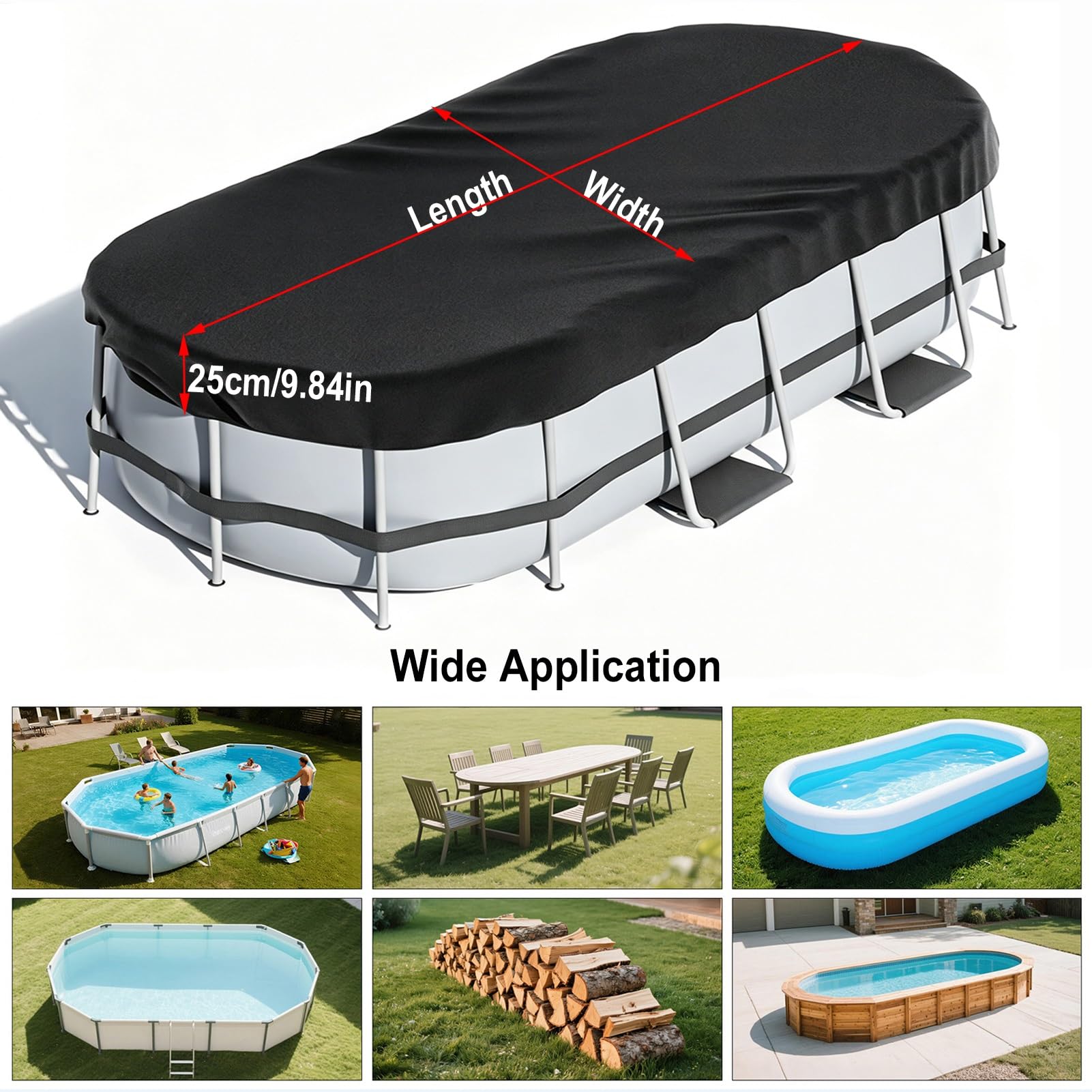 Poolabdeckung Ovale 305x488cm,10x16ft Poolabdeckung mit Kordelzug Whirlpool Abdeckung Schwimmbad Lagertank Abdeckplane,Wasserdicht Staubdicht Oxford-Gewebe Stabilität Installation