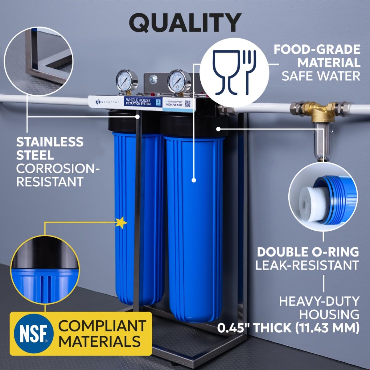 Aquaboon Système de filtration en 2 étapes 50,8 cm pour toute la maison Bleu avec cadre de volage autonome + manomètres + bloc de carbone + cartouches filtrantes à sédiments