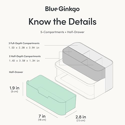 Miniatura 4 de BLUE GINKGO Organizador de escritorio compacto, pequeño con 5 compartimentos, medio cajón de almacenamiento, soporte para bolígrafos, organizador de