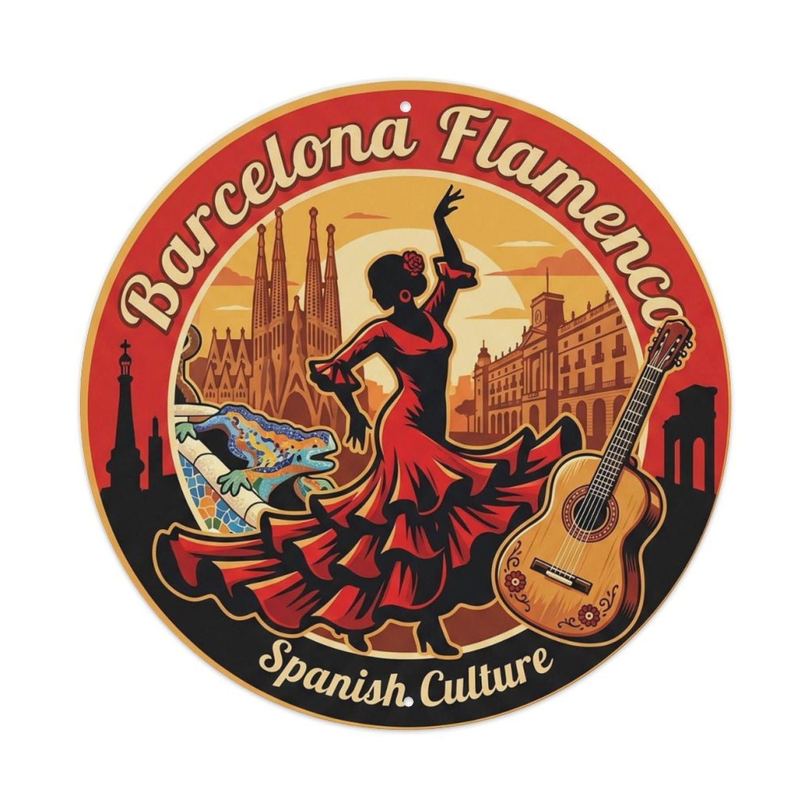 Spanish Barcelona Flamenco Vacation Classic Travel Landmark Metal Tin Sign Plaque Wall Decor for Cafe, Man Cave, Club Bar, Office, Home Garden Round Metal Poster 8x8Inch