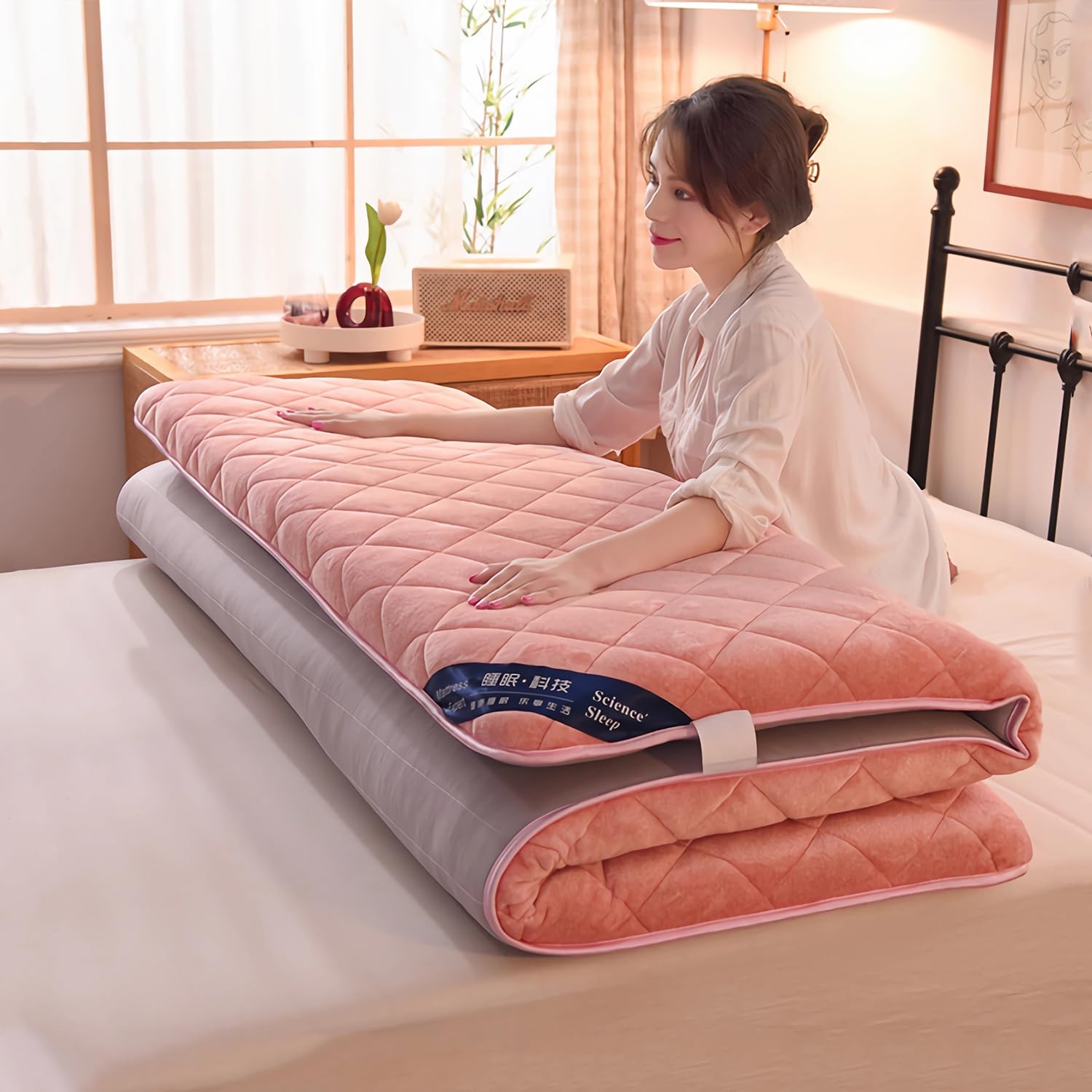 LXJDDLD Futon Bed Mattress,Quilted Mattress Topper,Japanese Foldable Floor Mattress for Kids,Korean Roll Up Sleeping Pad,Portable Tatami Mat,Guest Shikibuton,Pink,100x200cm/39x79in