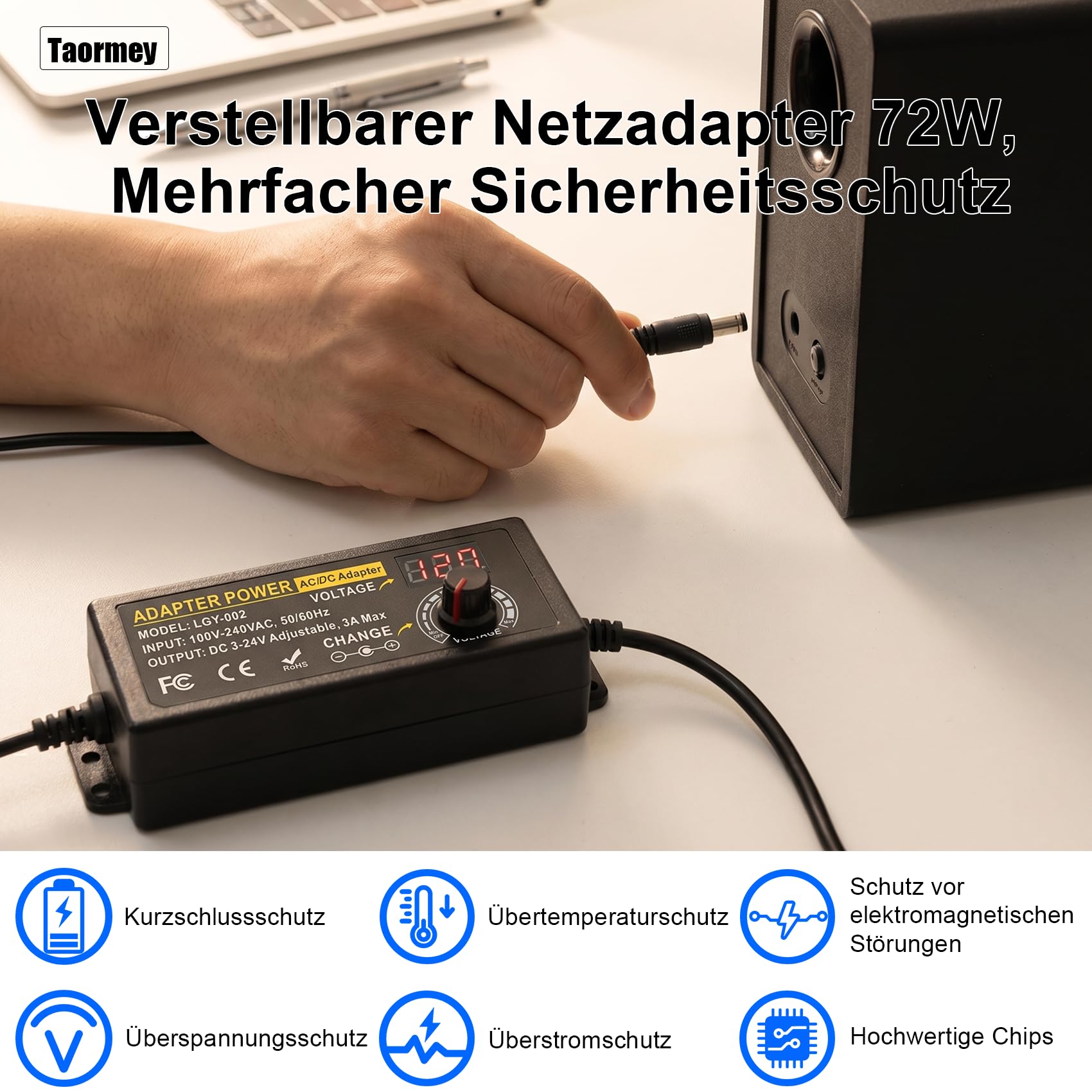 Einstellbares Netzteil 3-24V 3A 72W, Universal Netzadapter mit 5,5x2,5/2,1mm DC Anschluss, LED-Anzeige & 14 DC-Steckern, Sicherer Schutz für LED-Streifen, Router, DC-Motor, 100-240V AC/DC