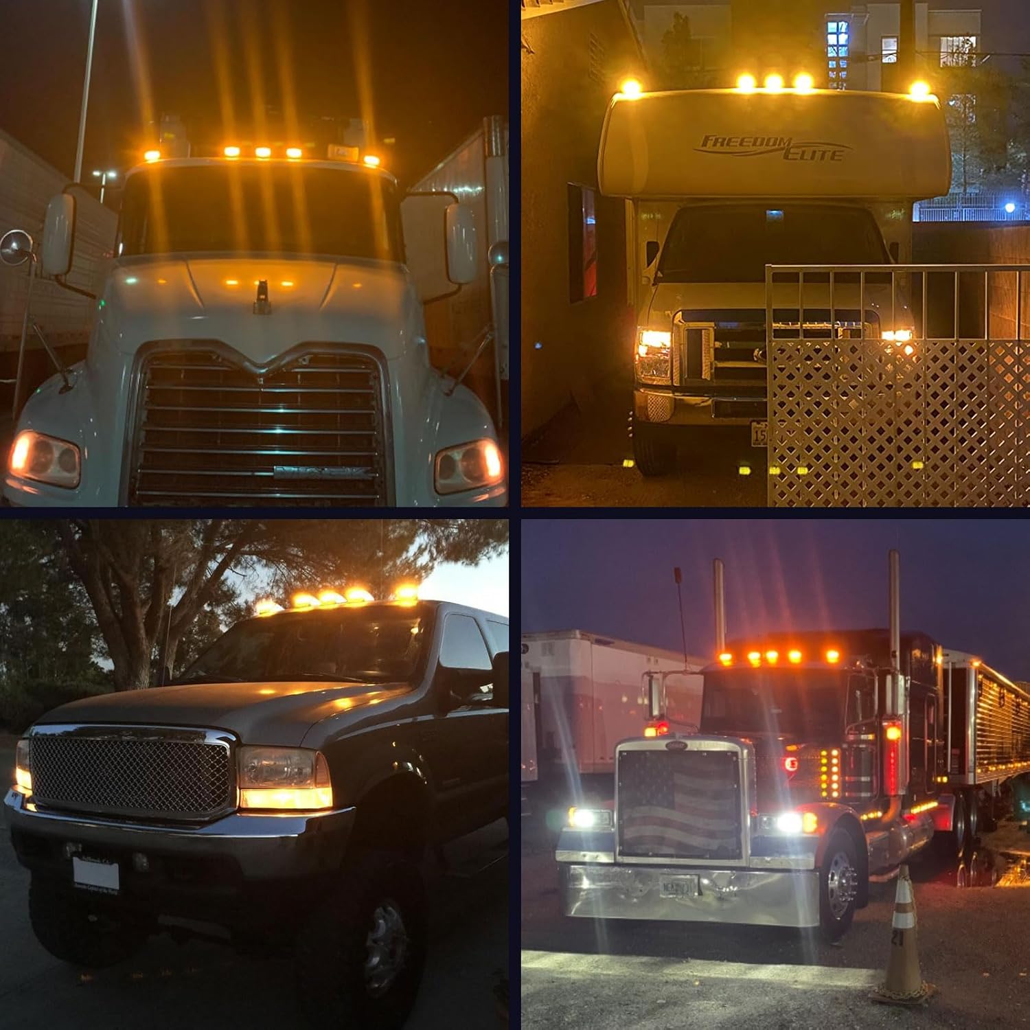 5Pcs Truck Cab Marker Lights 17 LED Amber Top Roof Running Lights Clearance w/Chrome Base Truck Trailer Lights Replacement For Peterbilt Freightliner Kenworth Cab Marker Lights 12V Waterproof