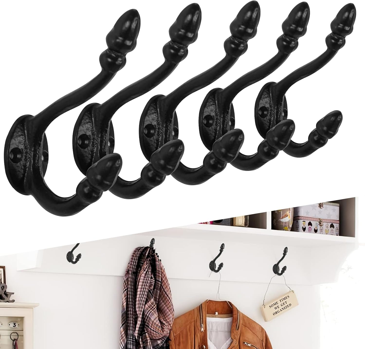 Industrial Pipe Hooks 5 Pack, Rustic Wall Mounted Coat Hooks, Heavy Duty Iron Decorative Towel Hooks for Hanging, DIY Steampunk Farmhouse Style, Black Hardware for Bathroom, Entryway, Kitchen