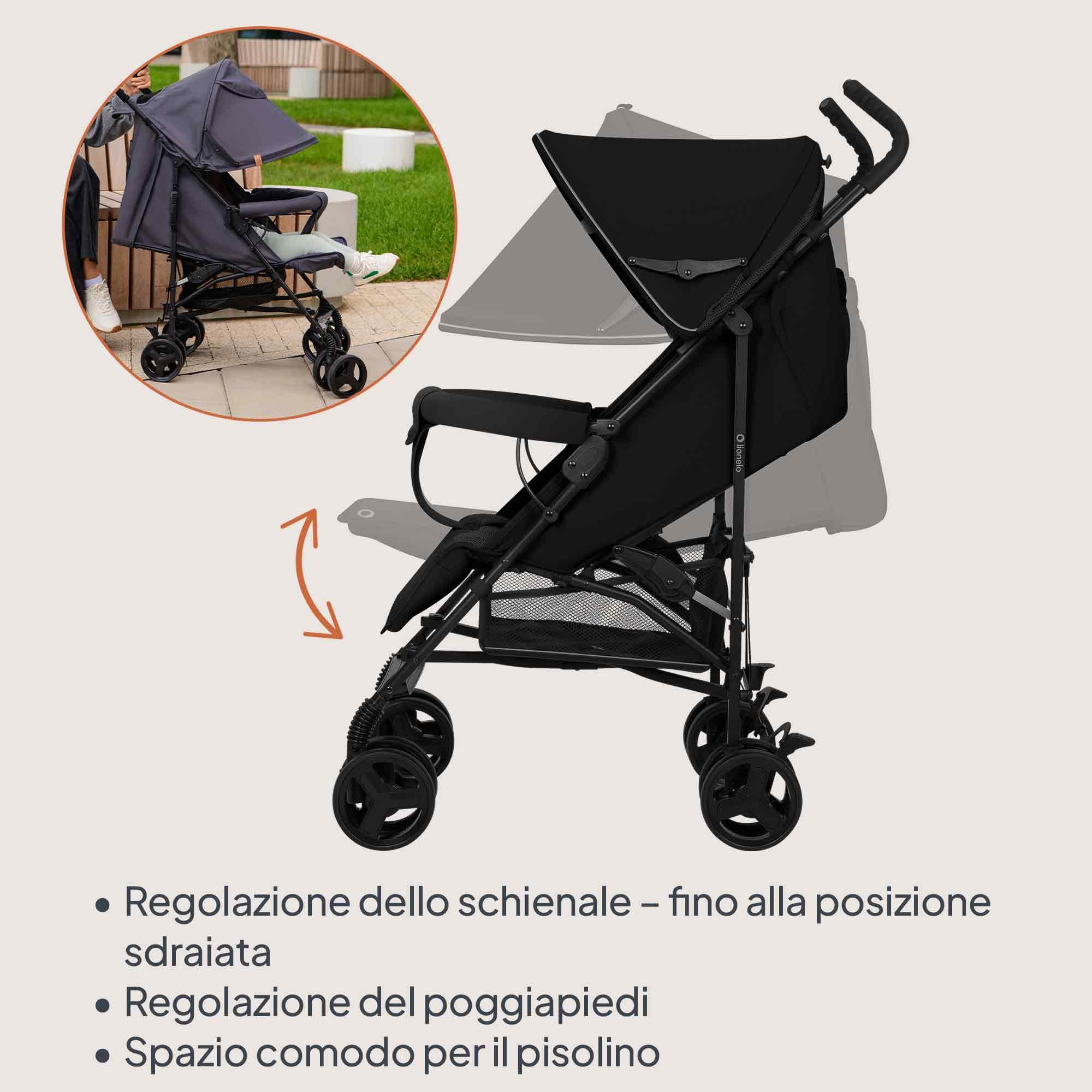 LIONELO ELIA Passeggino Leggero Pieghevole e Compatto da Viaggio per Bambini, Schienale Reclinabile Sdraiato, Cinture a 5 Punti, Cappottina UV e Grande Cestino Portaoggetti, 6-36 Mesi fino a 15 kg