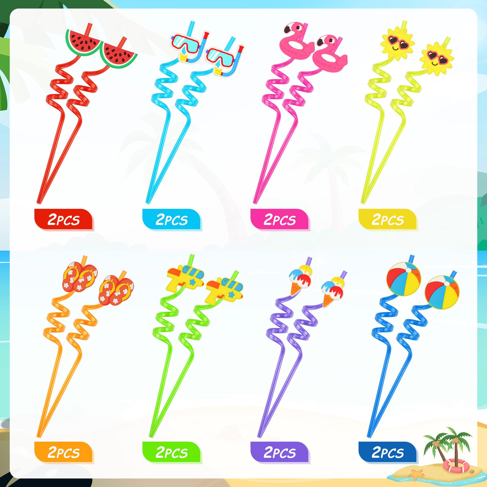 Pajitas de Plastico Reutilizables Niños Cañitas Paja de Bebida Rizada 16 Pzs Pajita Transparentes Pajitas de Colores Espiral para Pajita Fiesta de Verano para Niños Adultos (Verano)