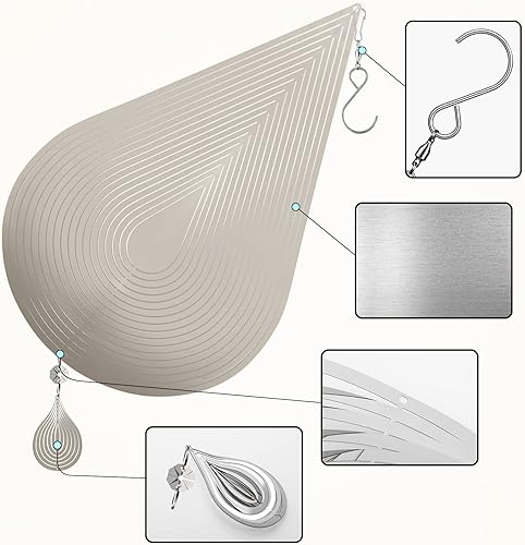 Miniatura 4 de Molinillos de viento, paquete de 2 hilanderos de viento colgantes de acero inoxidable 3D de 12 pulgadas con 2 colgantes de gota de agua y 3 ganchos