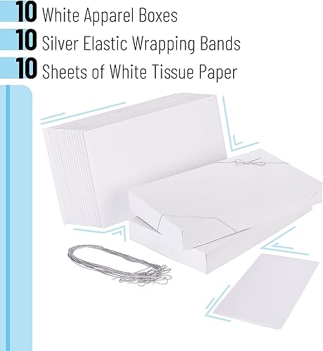 Miniatura 2 de Juego de 10 cajas de regalo blancas para ropa (15 x 9.5 x 2 pulgadas) + 10 bucles elásticos plateados + papel de seda. Perfecto para envolver