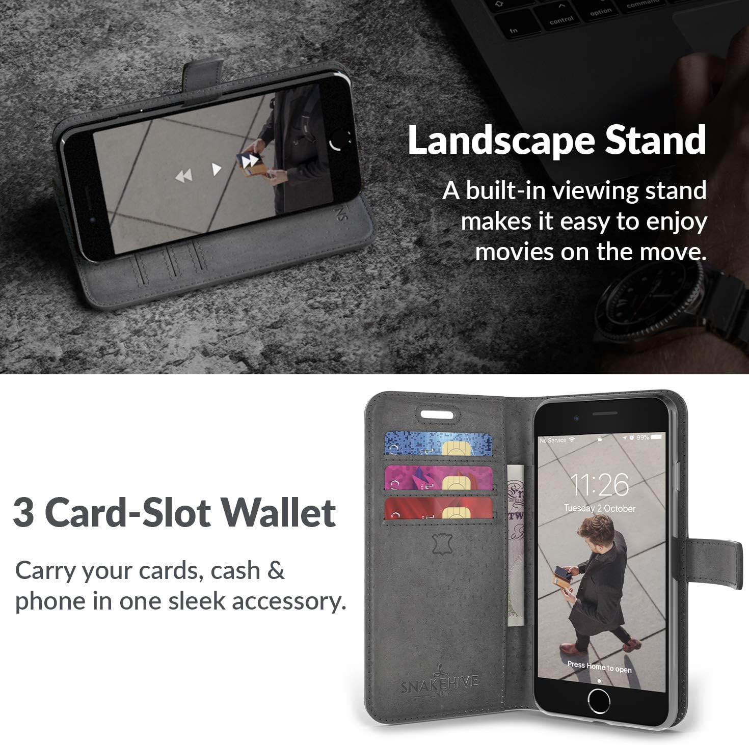 Snakehive Vintage Wallet for Apple iPhone 8 || Real Leather Wallet Phone Case || Genuine Leather with Viewing Stand & 3 Card Holder || Flip Folio Cover with Card Slot (Grey)