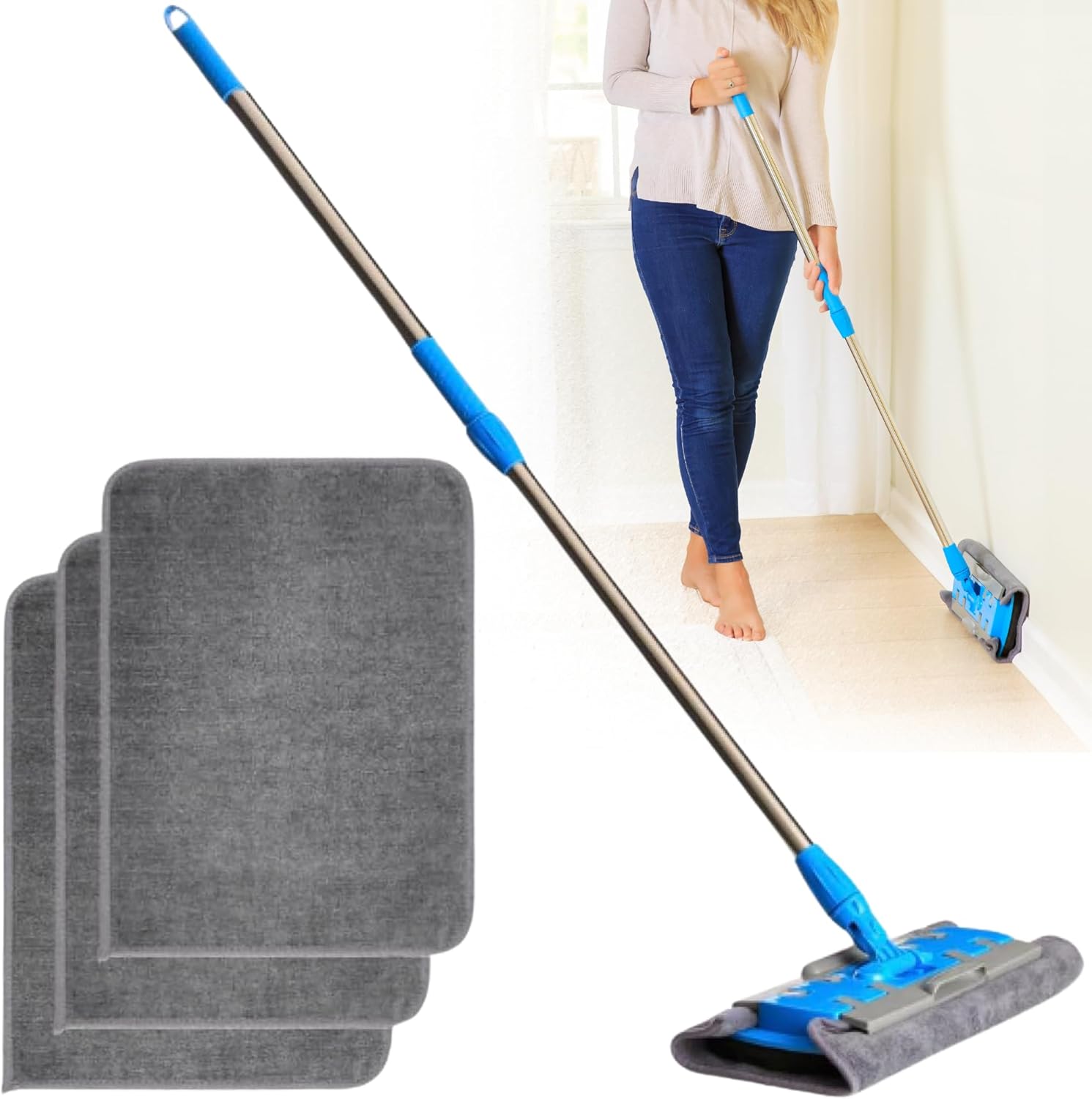 Baseboard Cleaner Tool with Handle - Wall Mop Cleaner with Long Handle for Ceiling, Baseboard, & More - Dry, Wet Wall Cleaner Mop w/ 3 Reusable Microfiber Cloths - Durable House Cleaning Supplies