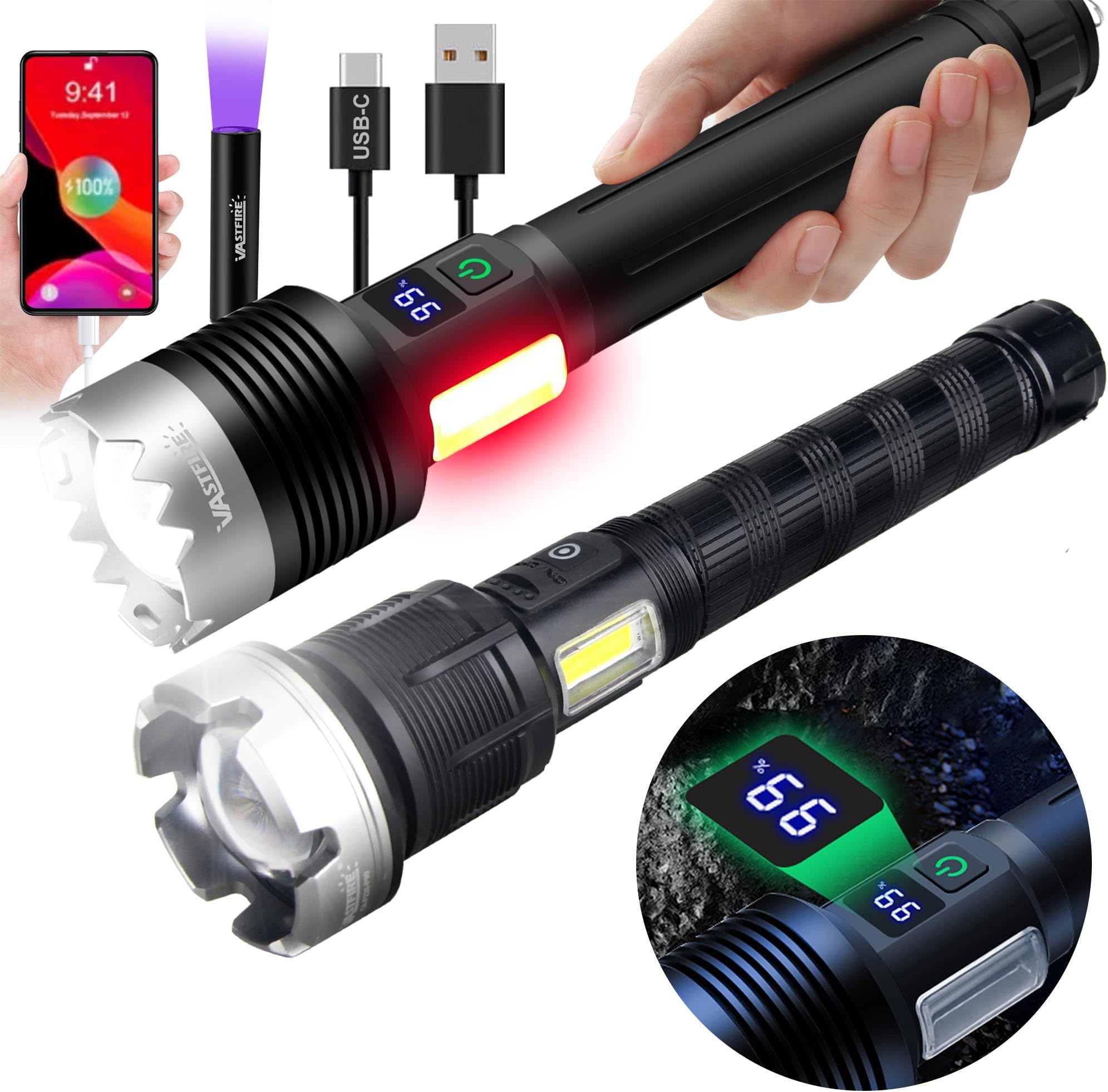 VASTFIRE 2 Pack Rechargeable Flashlights High Lumens - Super Bright Flashlight | Brightest Flashlight in The World | World's Brightest Flashlight for Outdoor Adventures, Emergency