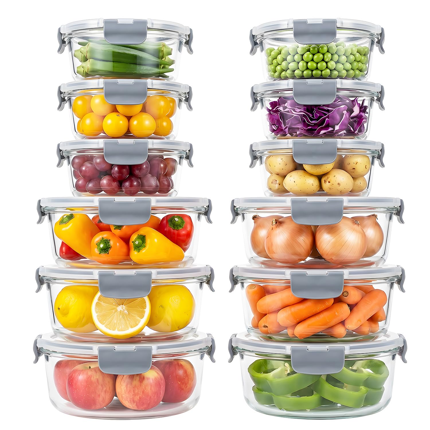 Contenitori in vetro con coperchio, 12 pezzi Meal Prep Boxe & Contenitori salvafreschezza (400 ml e 970 ml) in vetro borosilicato, senza BPA e ermetici per microonde e lavastoviglie I Food