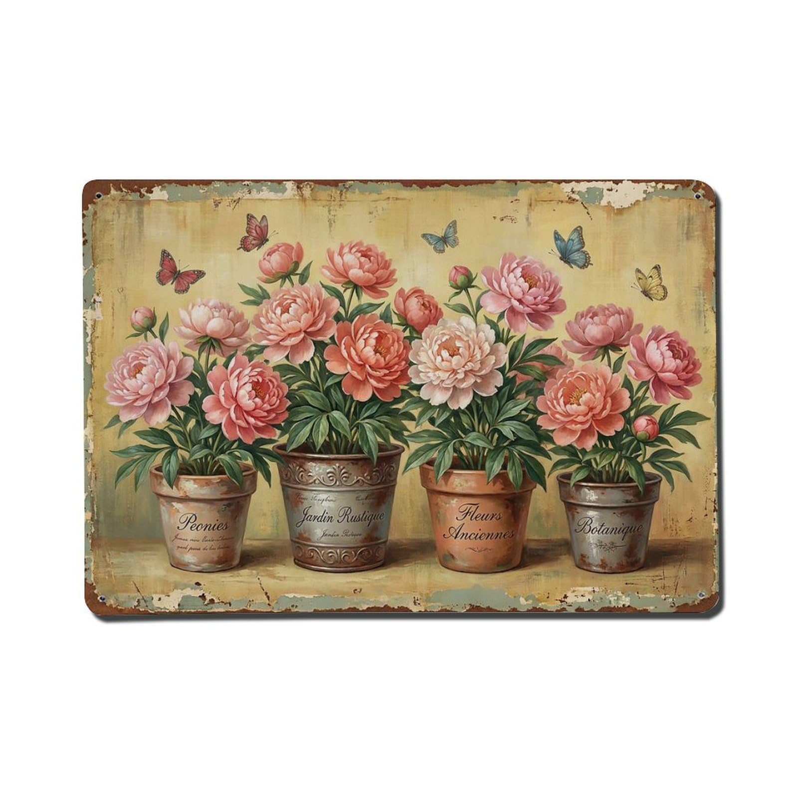 Vintage Rustic Flower Potted Plants Peony Metal Tin Sign