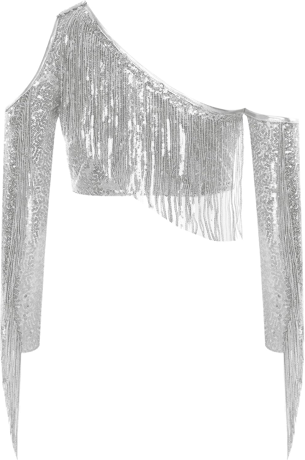 Jelory Kids Girls Metallic Sequin Fringed Top And Ruffled Bell Bottom Pants 2 Piece Outfit Set Hip Hop Jazz Dance Performance Silver 10 Years