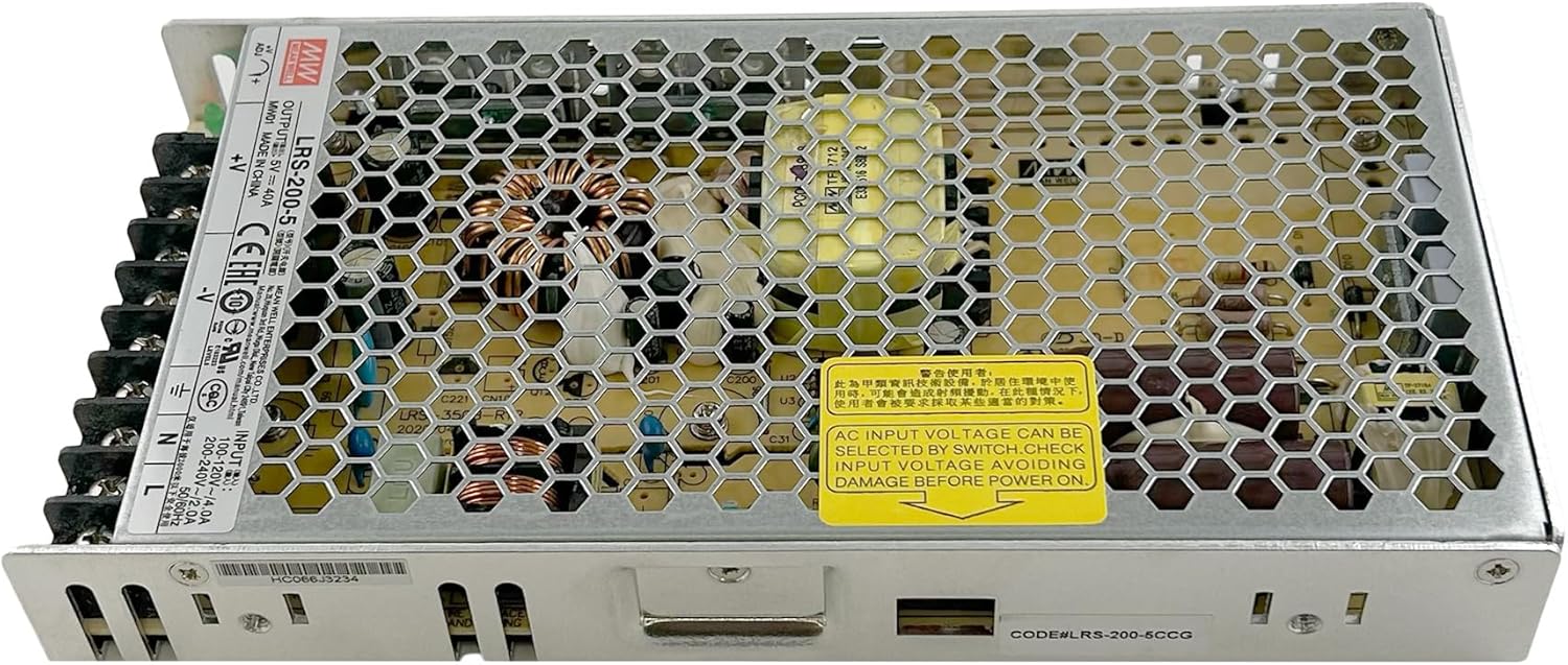 Mean Well LRS-200-5 Enclosed Switching Power Supply | 200W 5V 40A Adjustable DC Output | Compact Industrial AC to DC Converter for LED, Electronics, & A/V Equipment with Overload & Safety Protections