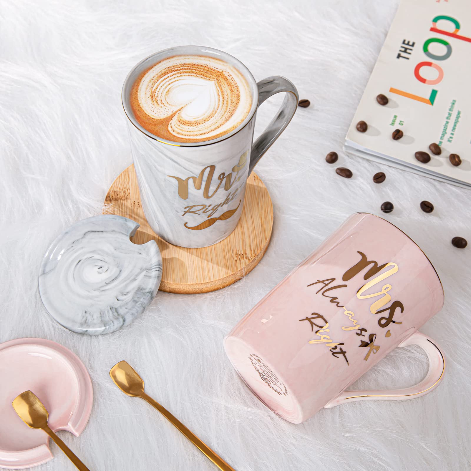 Biching Regalo Anniversario Matrimonio, Regali di Coppia, Regalo Anniversario per Lui e Lei, Regali Nozze Sposi per Marito Moglie, Mr Mrs Right - Tazza da Caffè in Ceramica con Confezione Elegante
