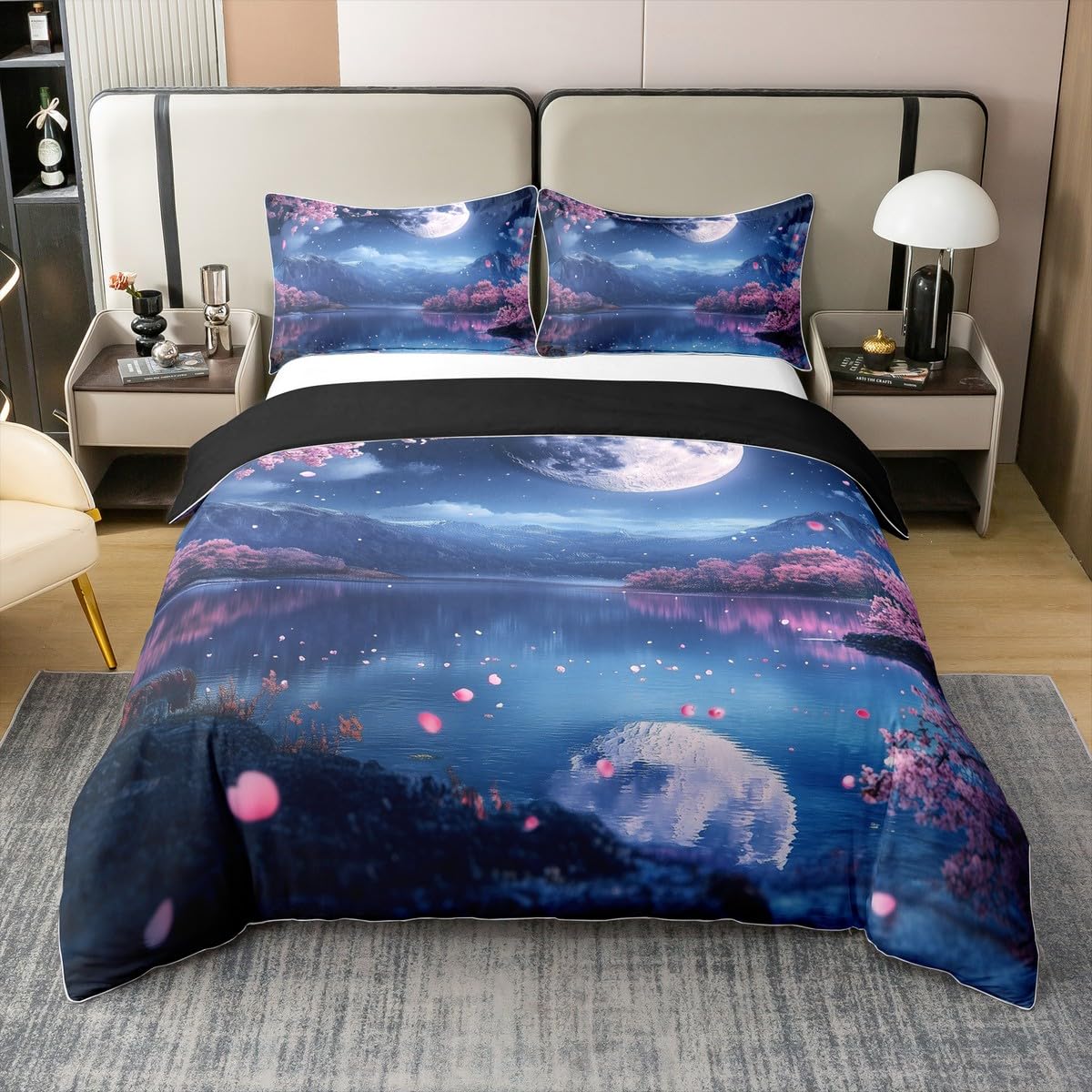 100% Baumwolle Bettbezug Japanischer Stil Bettwäsche Set 155x220 Kinder Jungen Mädchen,Traditionelle Mond Tröster Abdeckung Aquarell Berg Bett Set Sternenhimmel mit 1 Kissenbezug Schlafzimmer Dekor