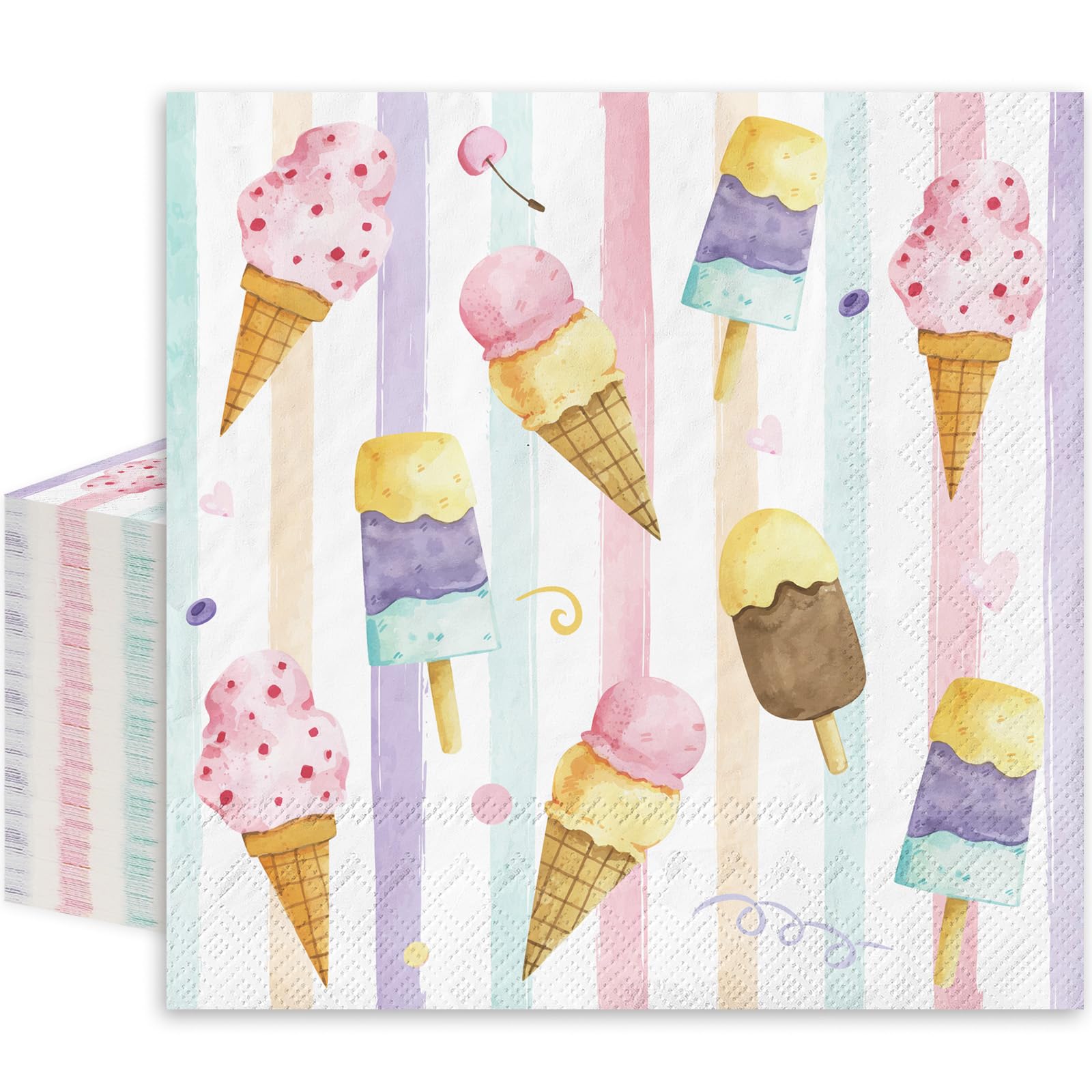 JarThenaAMCS 80Pcs Ice Cream Paper Napkins Watercolor Beverage Popsicle Disposable Napkins Luncheon Dinner Dessert Napkins for Summer Ice Cream Theme