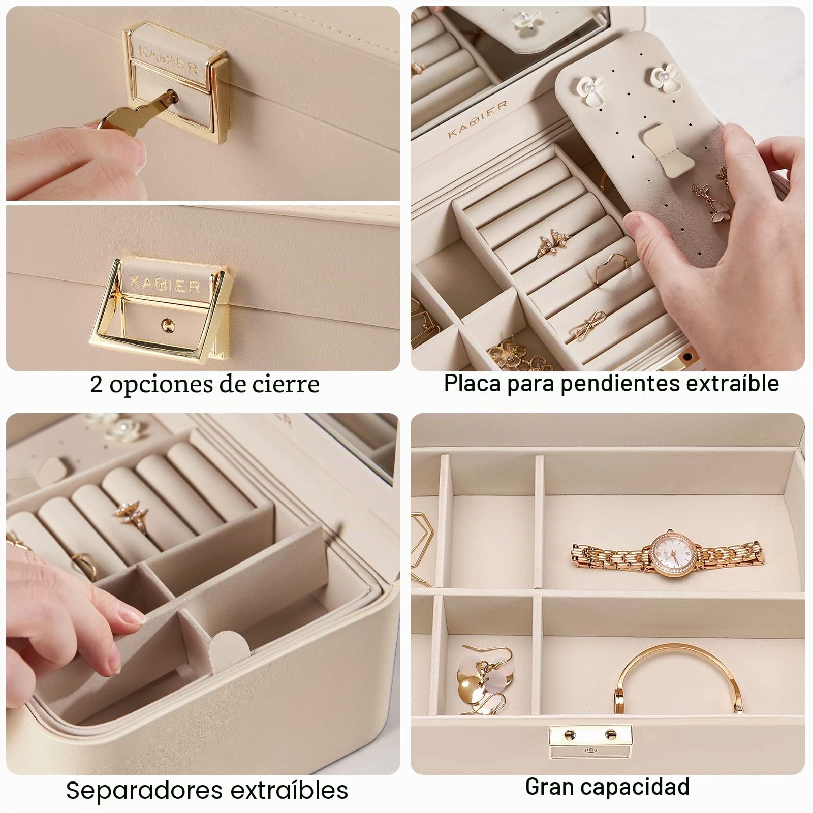 Joyero mejorado, organizador de joyas de piel sintética de 2 capas para mujer con cerradura y espejo, gancho oculto para collar y divisor extraíble, joyero de viaje de gran capacidad, ideal para