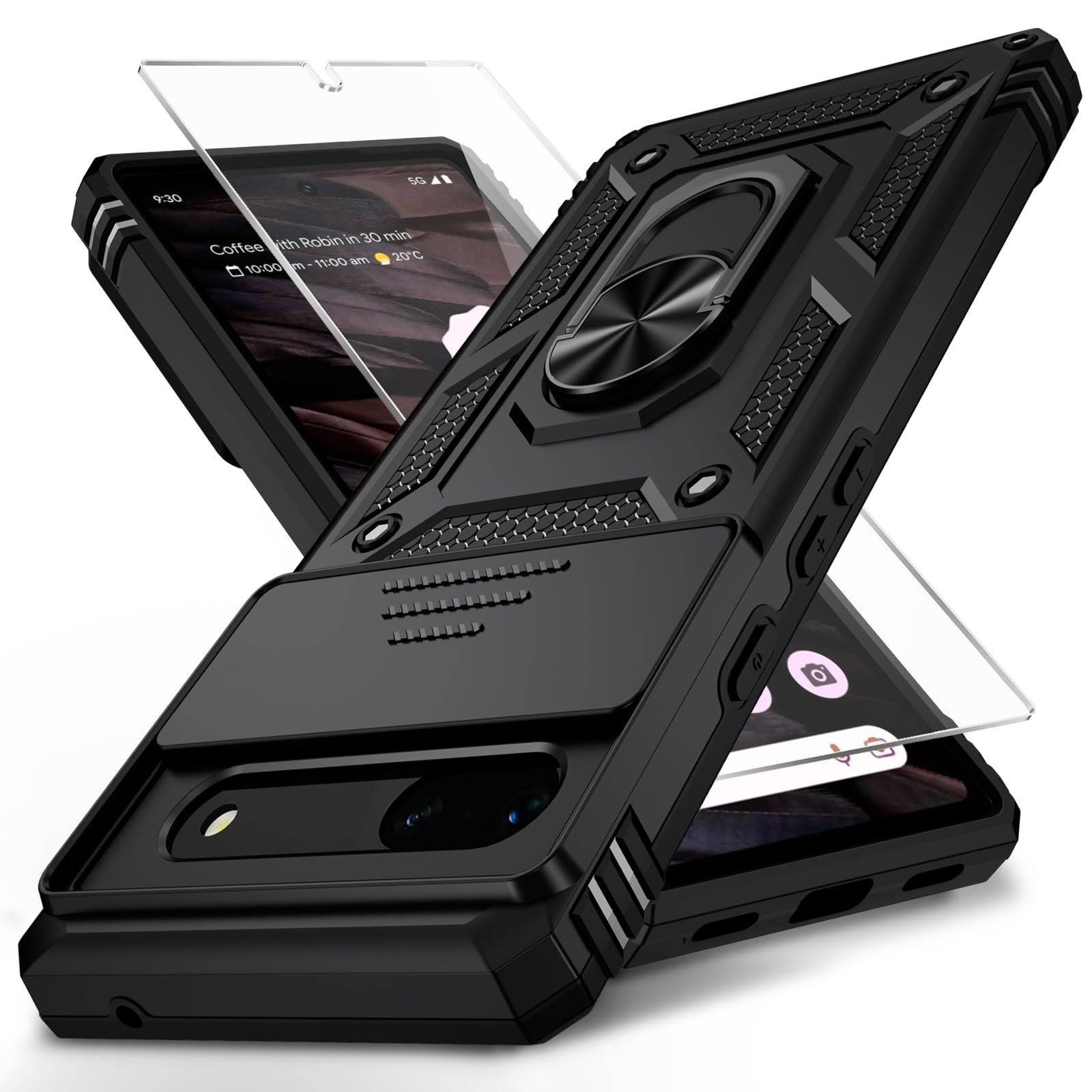 for Google Pixel 6A Case with Camera Lens Cover HD Screen Protector, 10 FT Military Grade Drop Protection, Magnetic Ring Holder Kickstand Protective Phone Case,Black